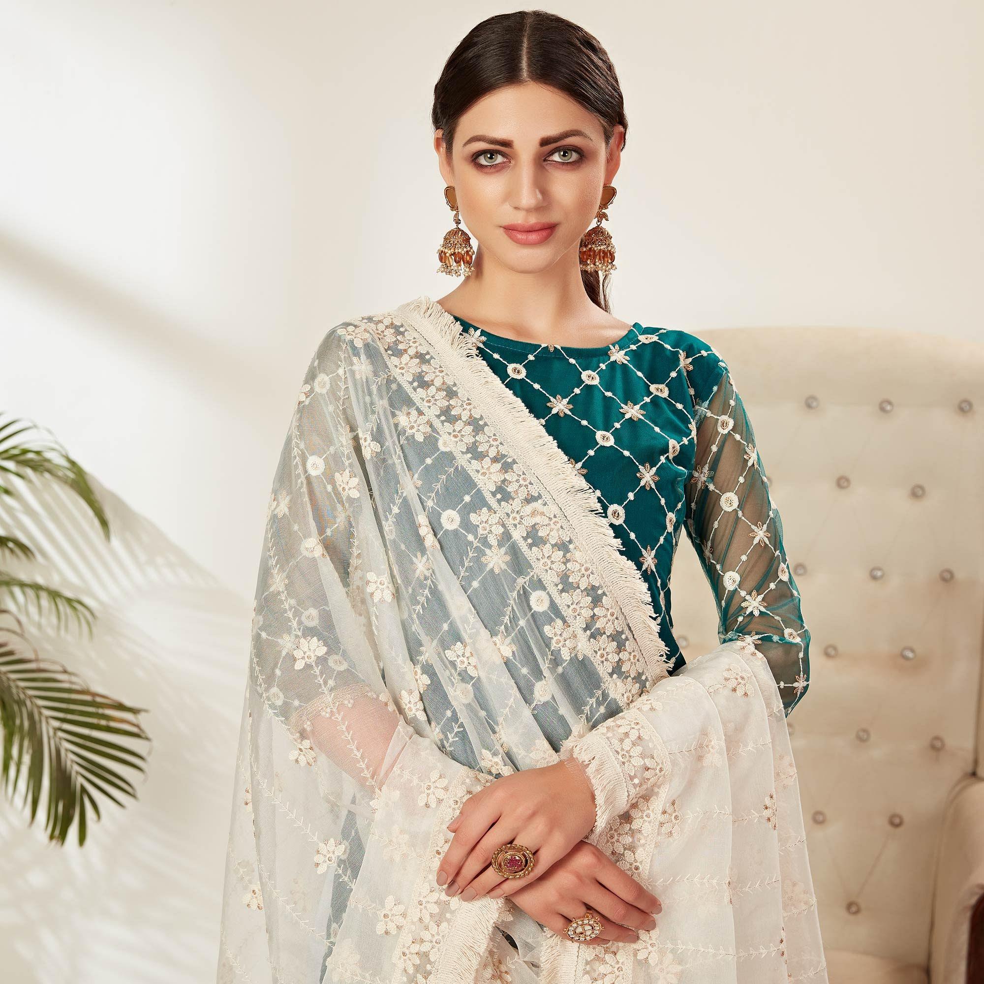 Teal Green Partywear Embroidered Heavy Net Pakistani Suit - Peachmode