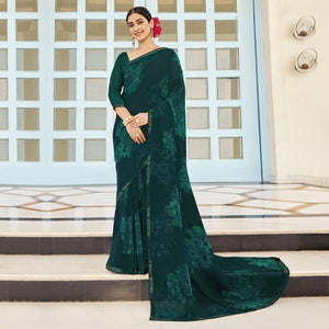 Teal Green Partywear Floral Printed Georgette Saree - Peachmode