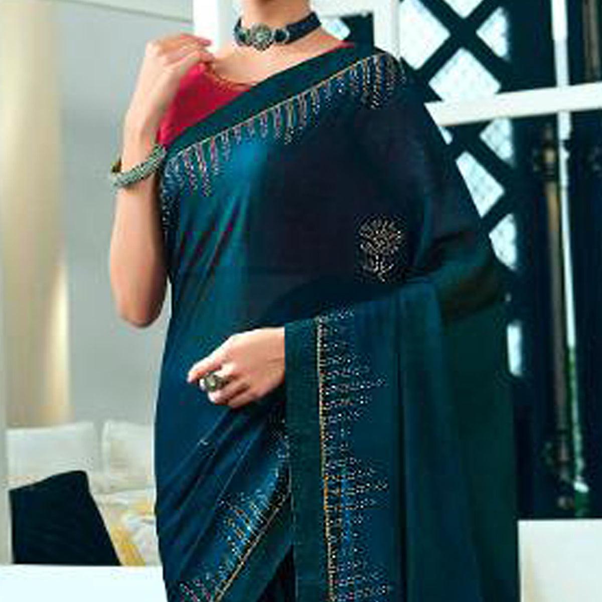 Teal Green Partywear Foil Printed Georgette Saree - Peachmode