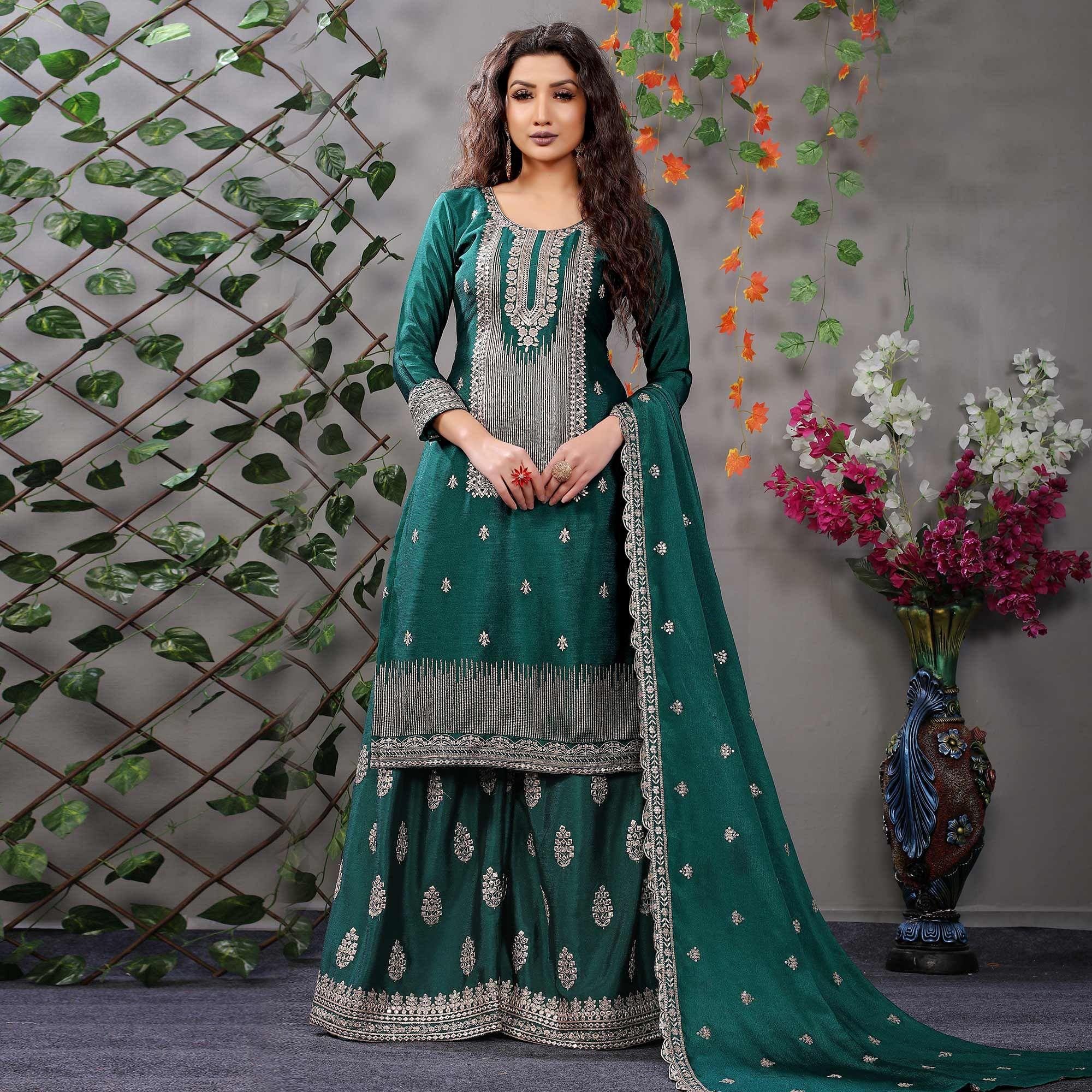 Teal Green Partywear Sequence Embroidered & Mirror Work Chiffon Palazzo Suit - Peachmode