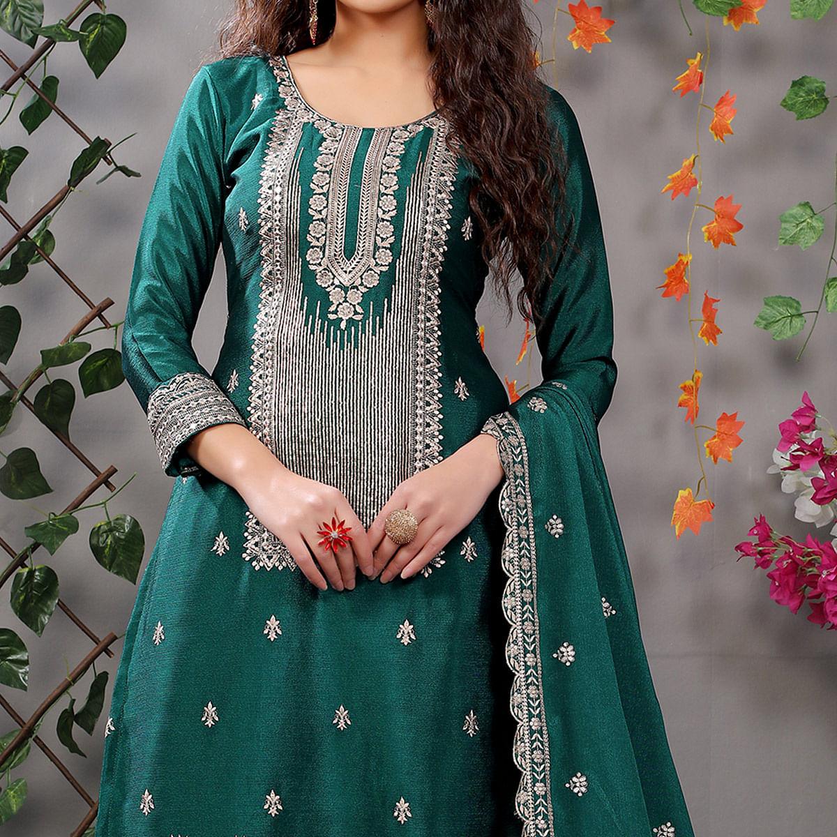 Teal Green Partywear Sequence Embroidered & Mirror Work Chiffon Palazzo Suit - Peachmode