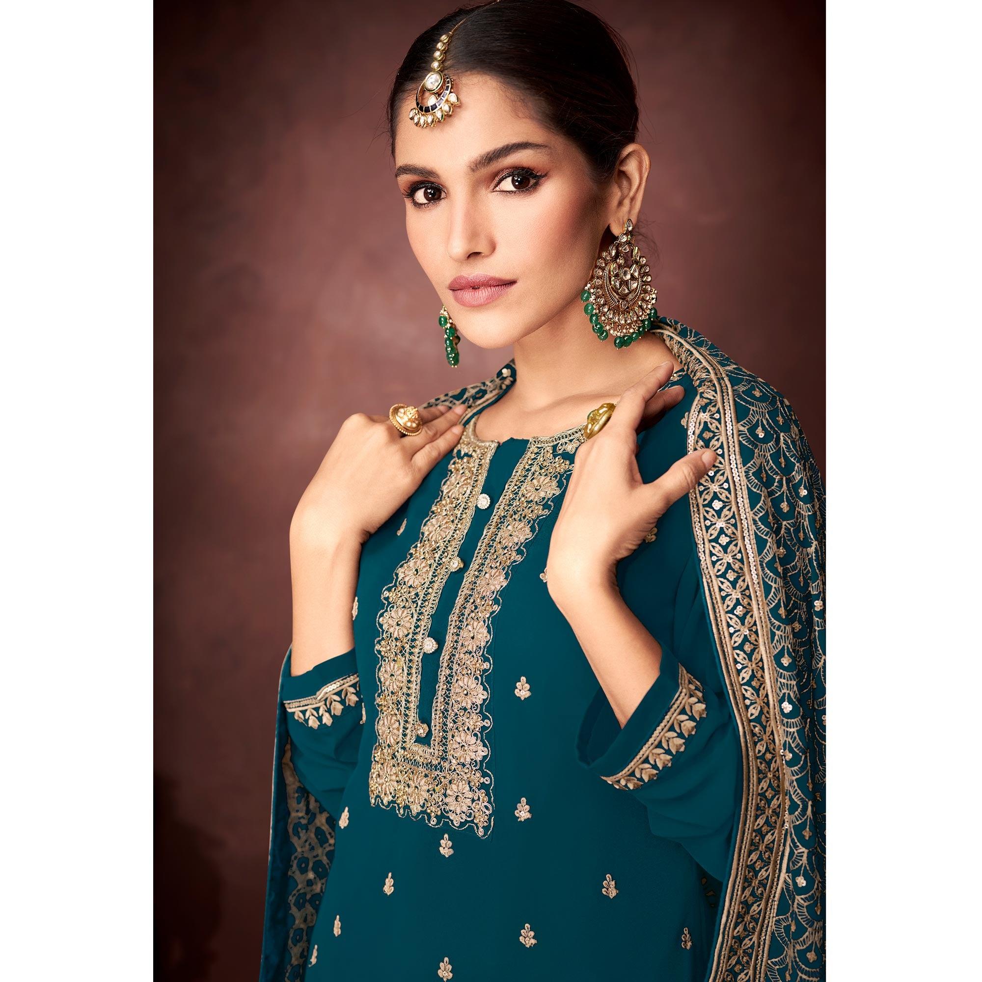 Teal Green Partywear Sequence Embroidered Heavy Faux Georgette Palazzo Suit - Peachmode
