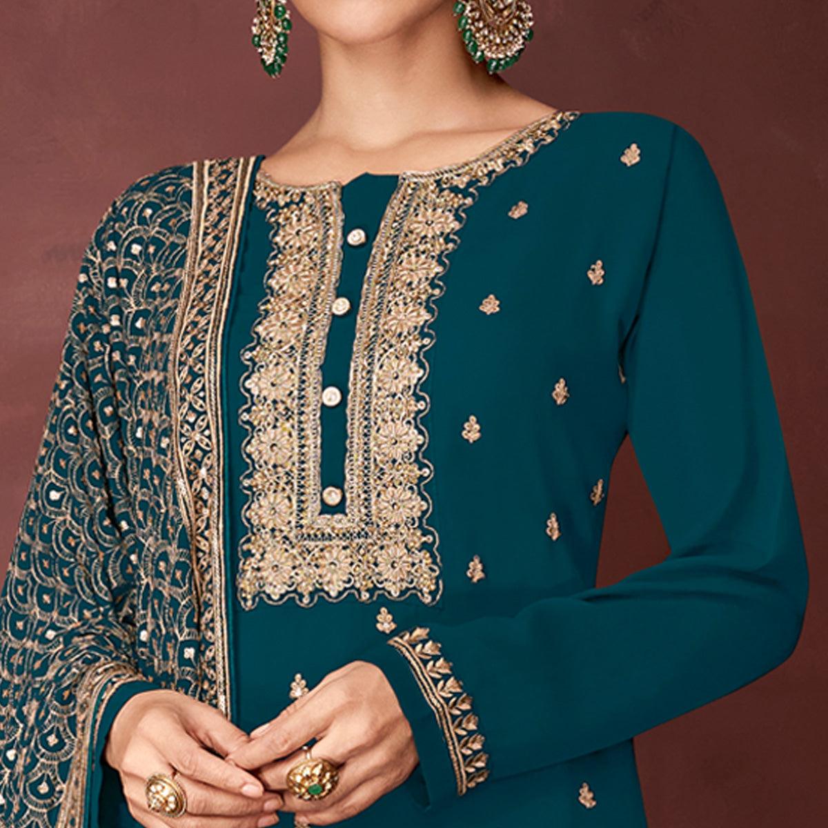 Teal Green Partywear Sequence Embroidered Heavy Faux Georgette Palazzo Suit - Peachmode