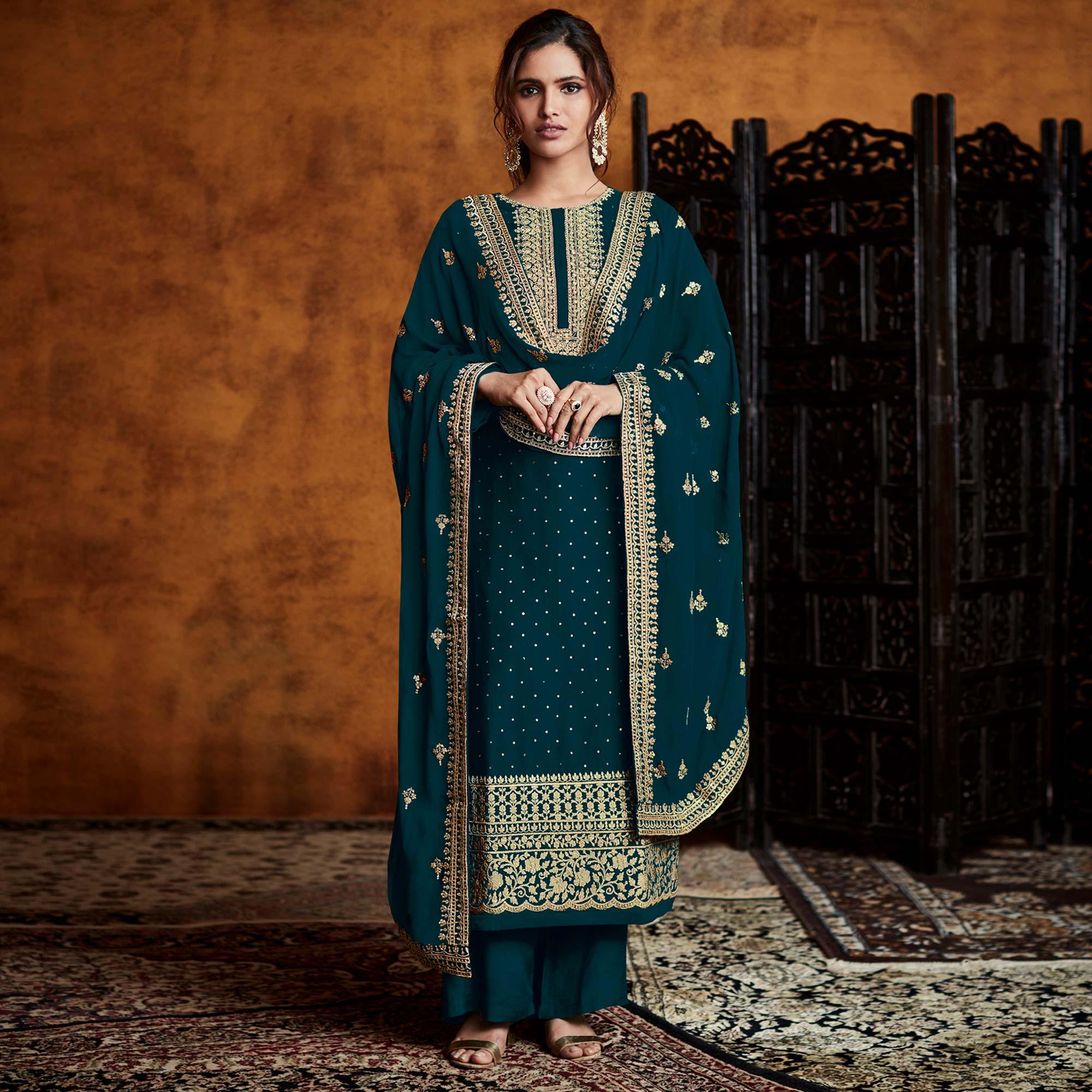 Teal Green Partywear Sequence Embroidered Real Georgette Palazzo Suit - Peachmode