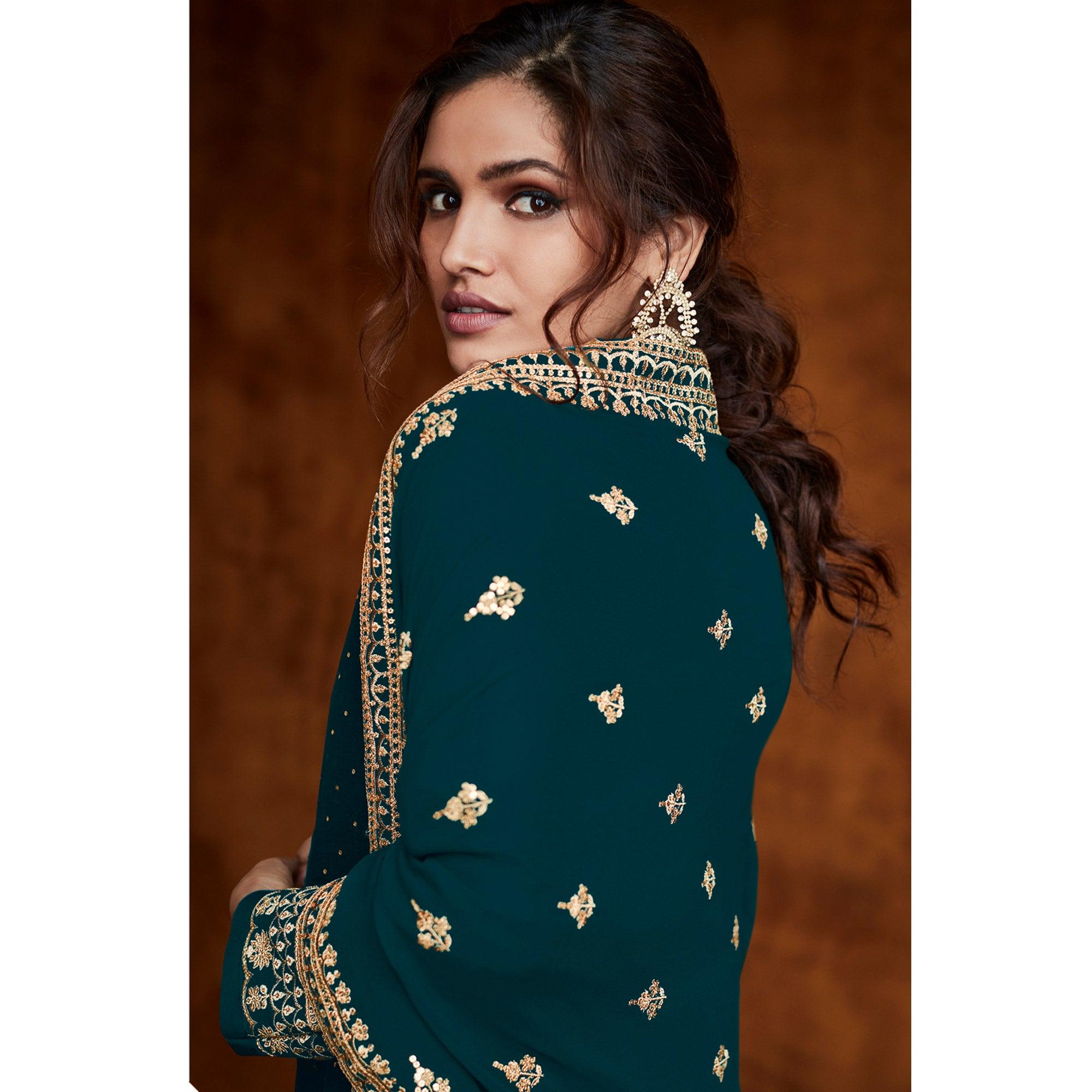Teal Green Partywear Sequence Embroidered Real Georgette Palazzo Suit - Peachmode