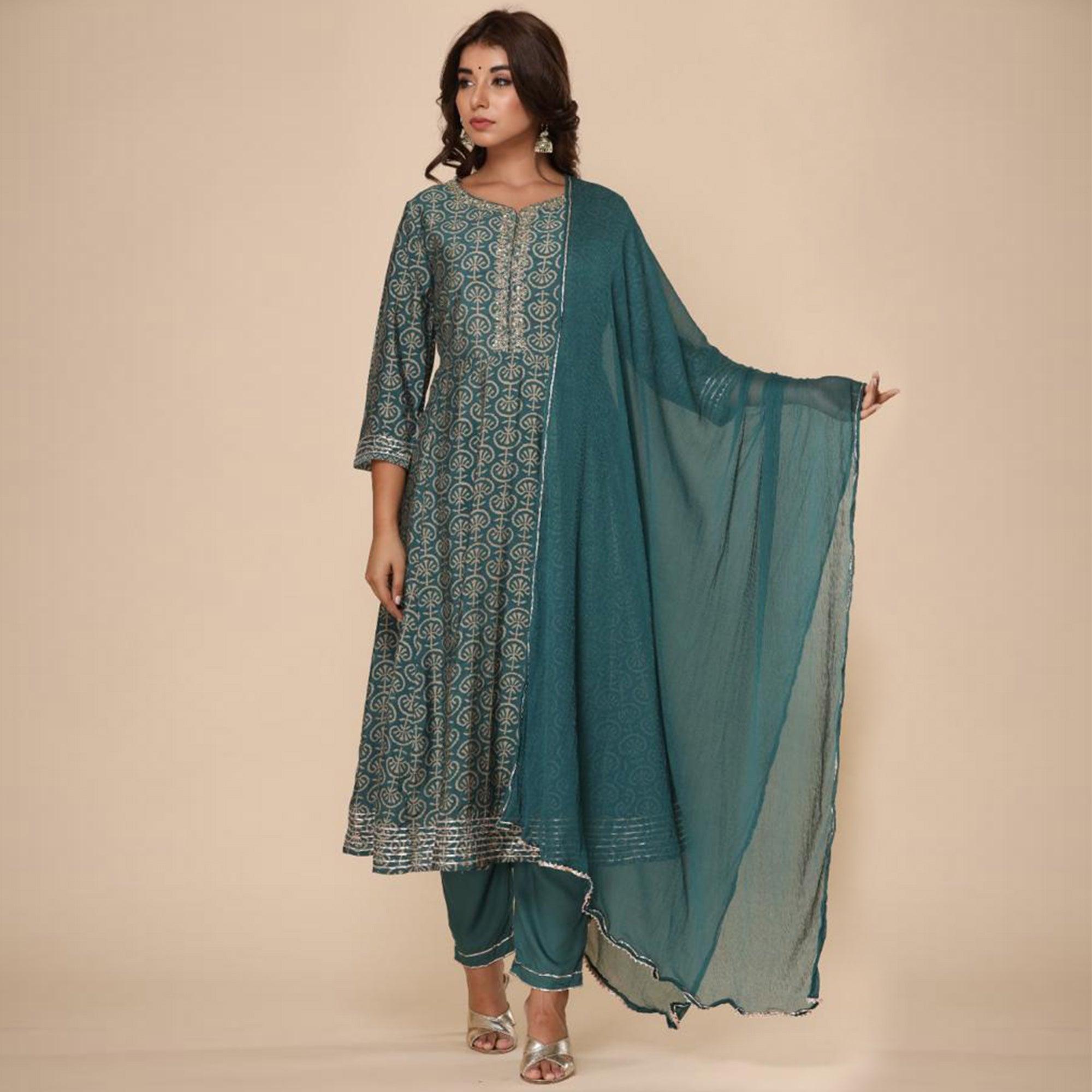 Teal Green Printed Cotton Silk Anarkali Kurti Pant Set With Dupatta - Peachmode