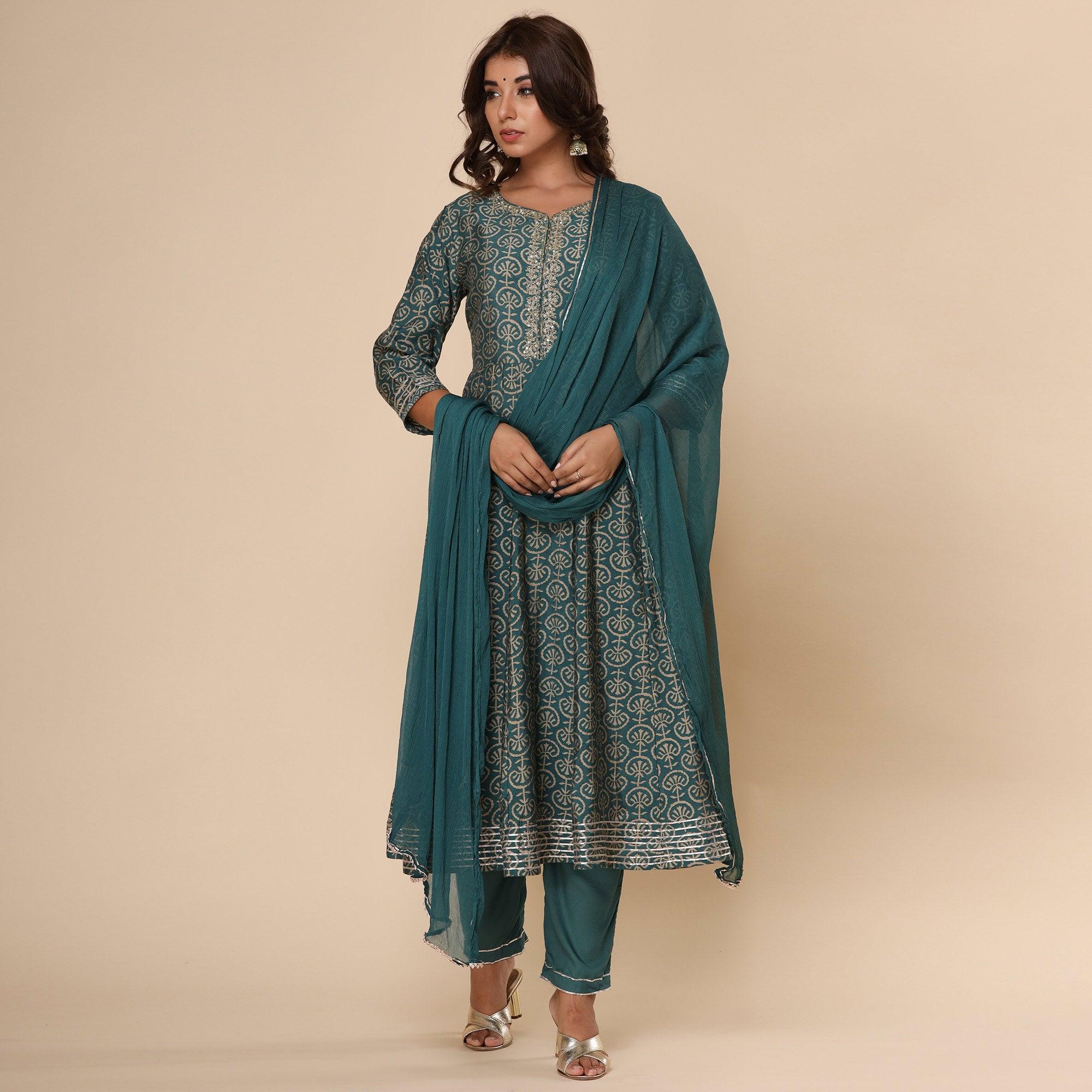 Teal Green Printed Cotton Silk Anarkali Kurti Pant Set With Dupatta - Peachmode