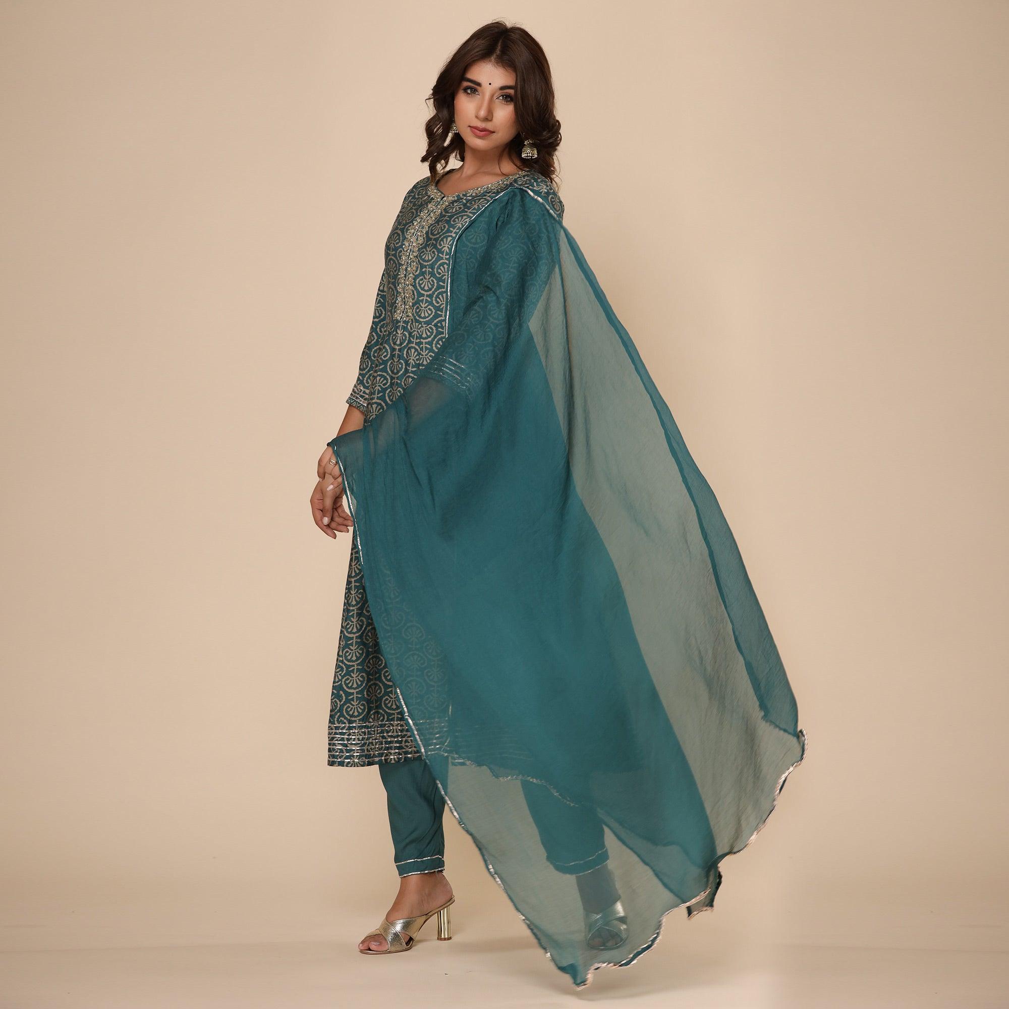 Teal Green Printed Cotton Silk Anarkali Kurti Pant Set With Dupatta - Peachmode