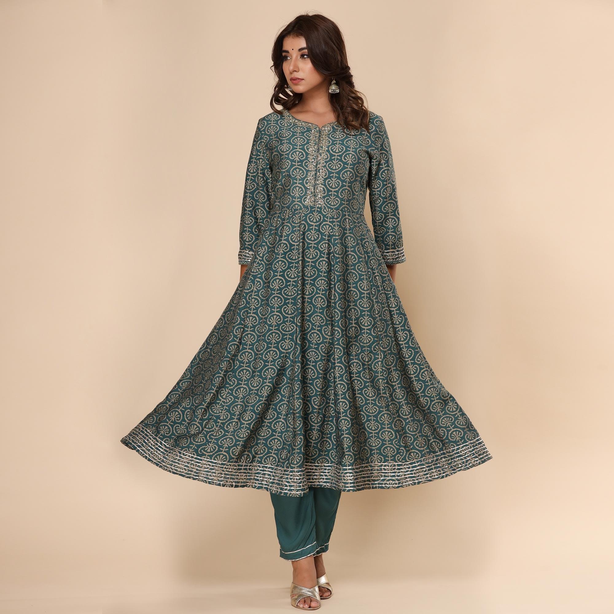 Teal Green Printed Cotton Silk Anarkali Kurti Pant Set With Dupatta - Peachmode