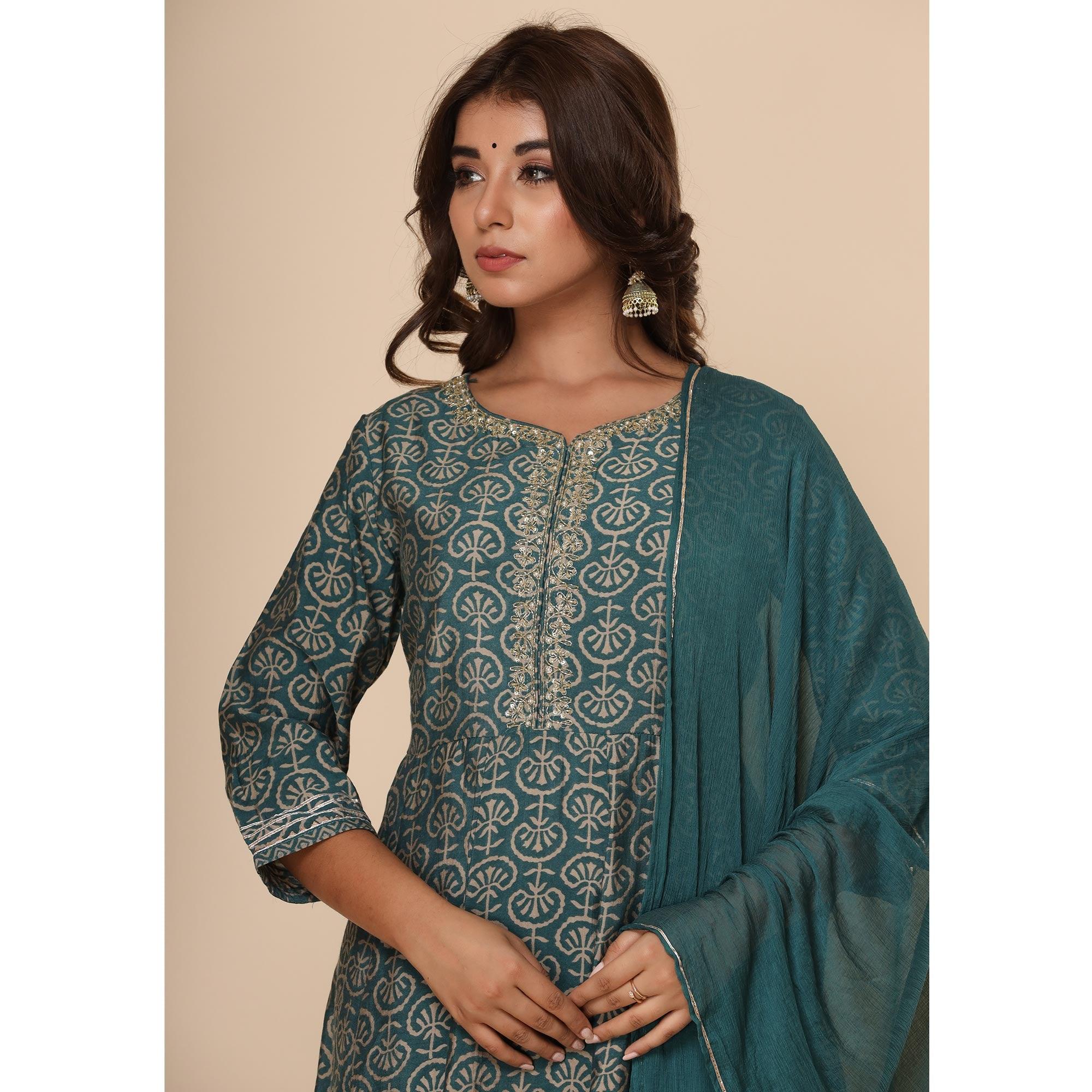 Teal Green Printed Cotton Silk Anarkali Kurti Pant Set With Dupatta - Peachmode