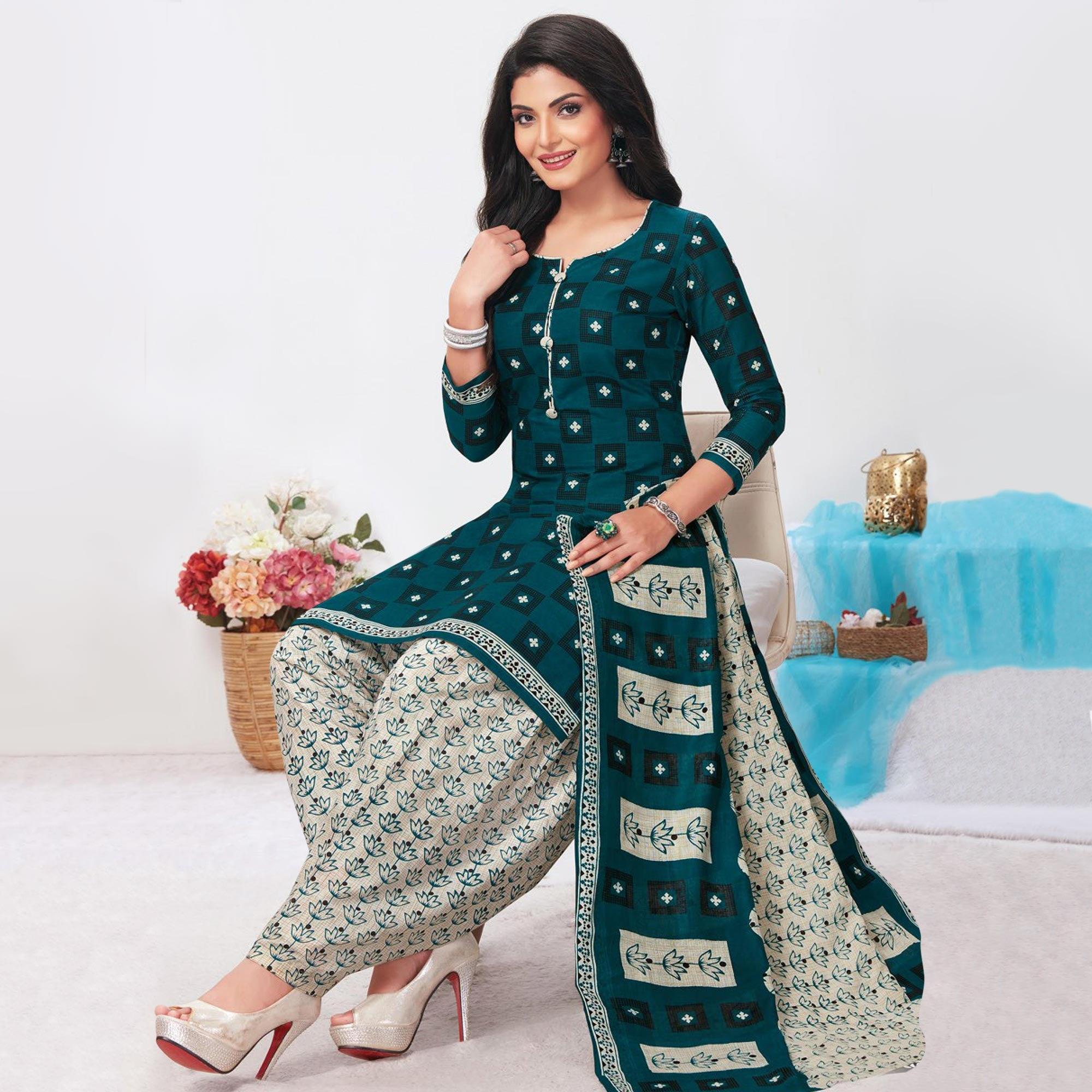 Teal Green Printed Pure Cotton Patiala Dress Material - Peachmode