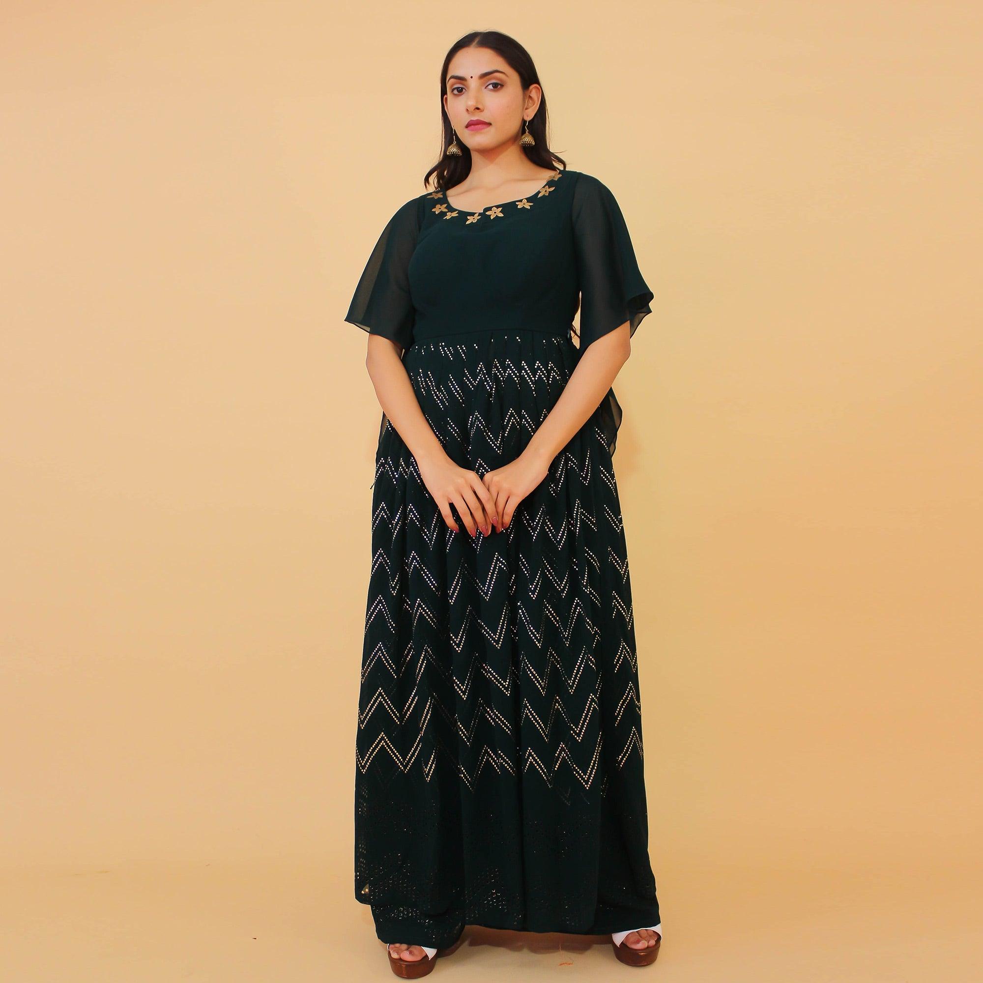 Teal Green Printed With Mukaish Work Georgette Partywear Suit - Peachmode