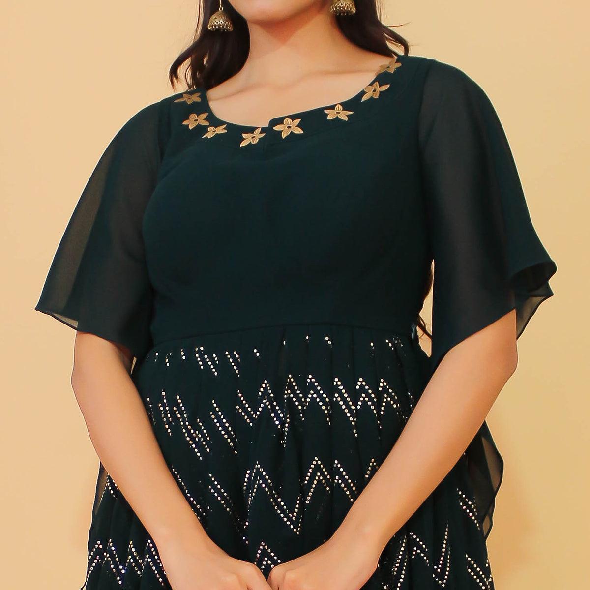 Teal Green Printed With Mukaish Work Georgette Partywear Suit - Peachmode