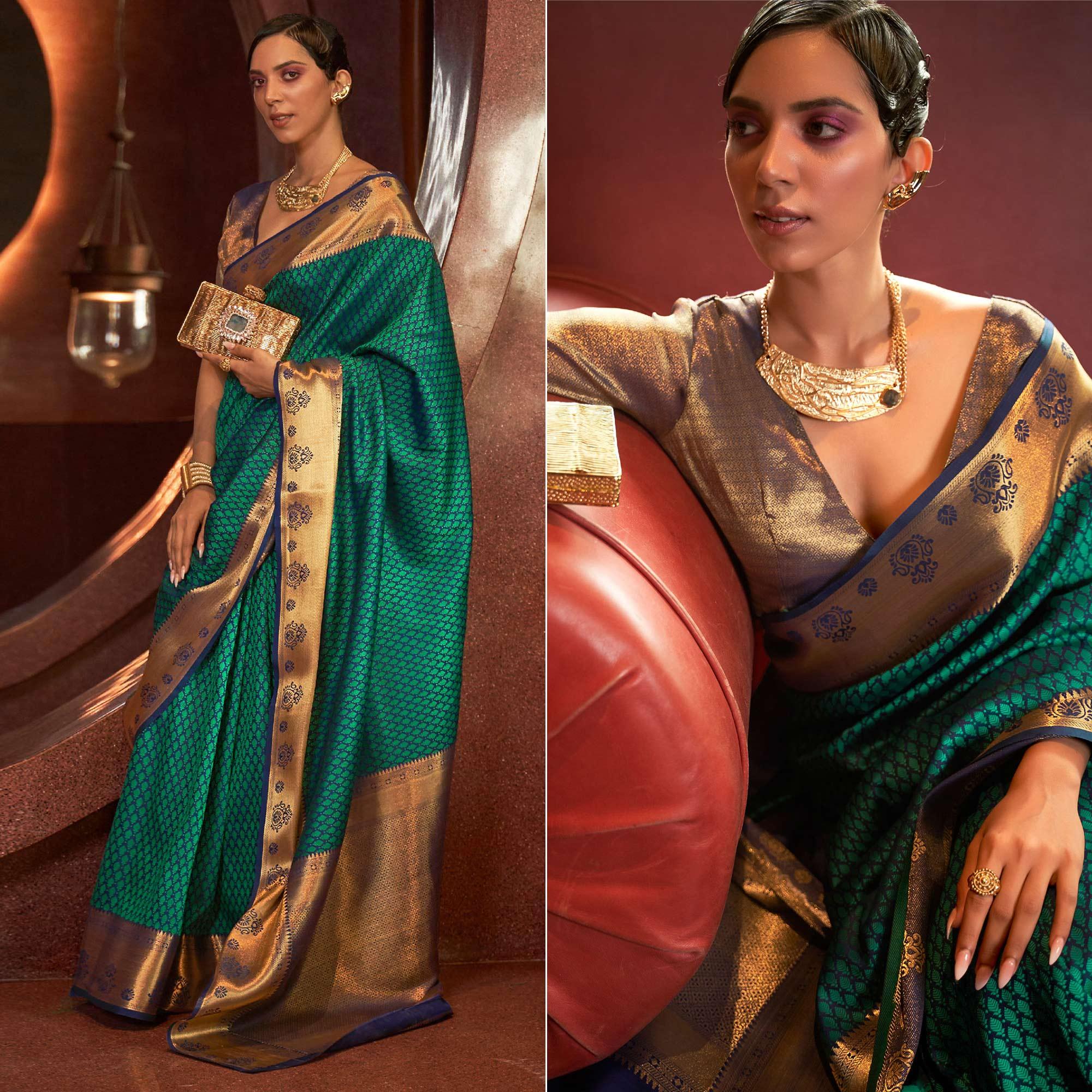 Teal Green Woven Art Silk Saree - Peachmode