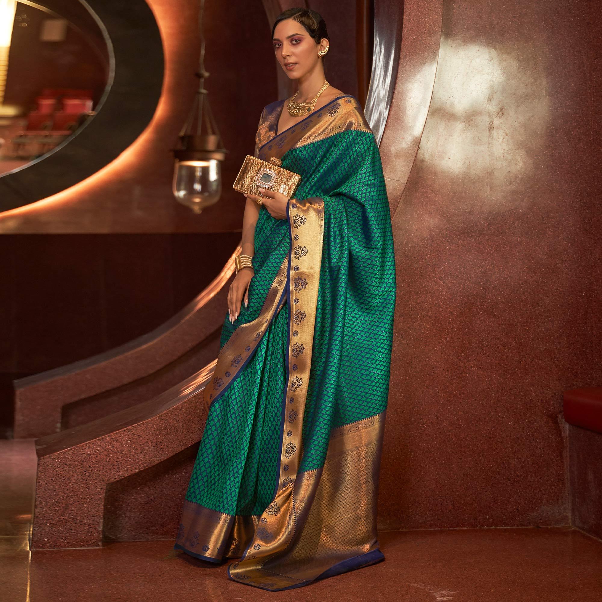 Teal Green Woven Art Silk Saree - Peachmode