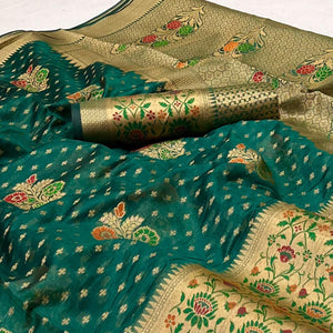 Teal Green Woven Organza Saree - Peachmode