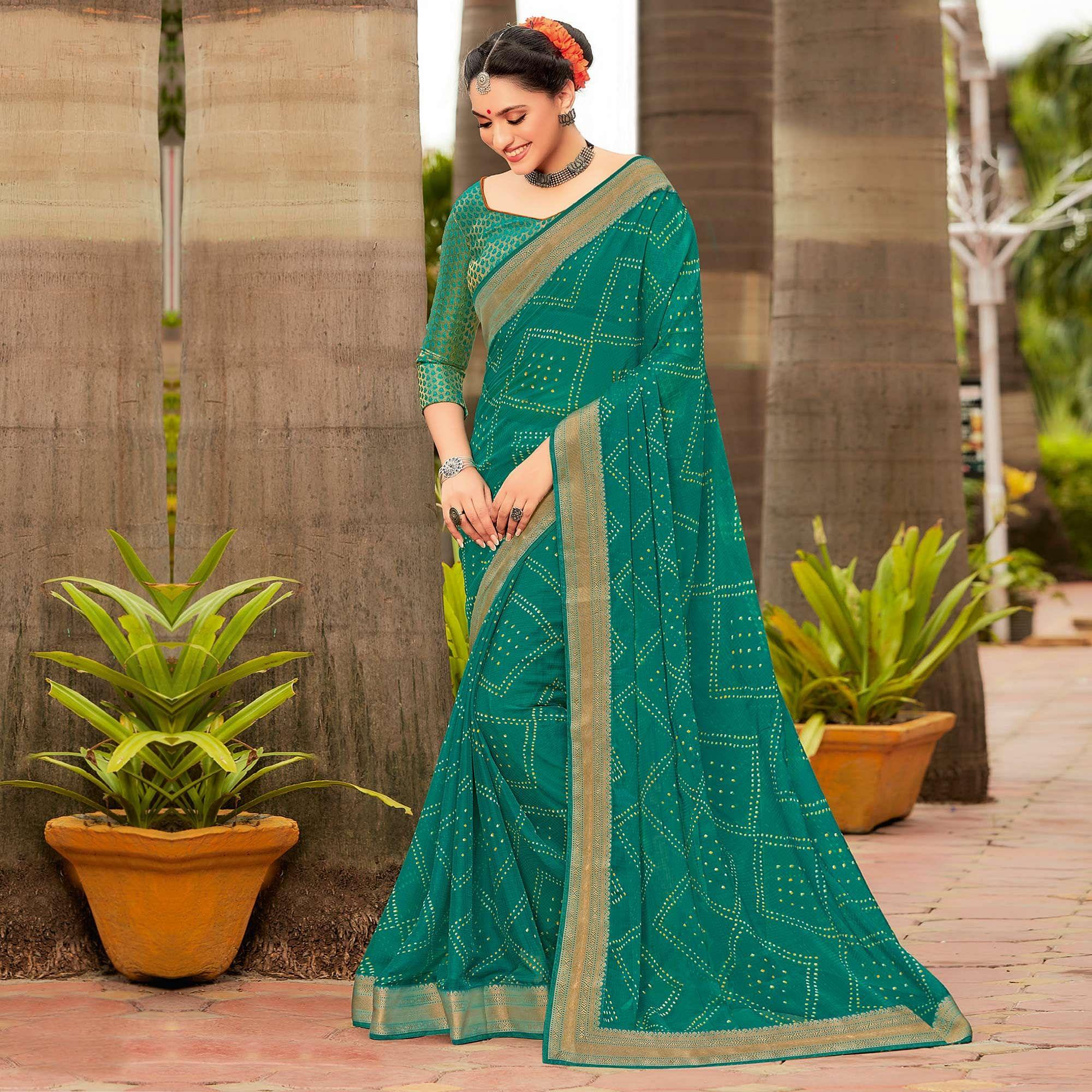 Teal Partywear Printed Chiffon Saree With Border - Peachmode