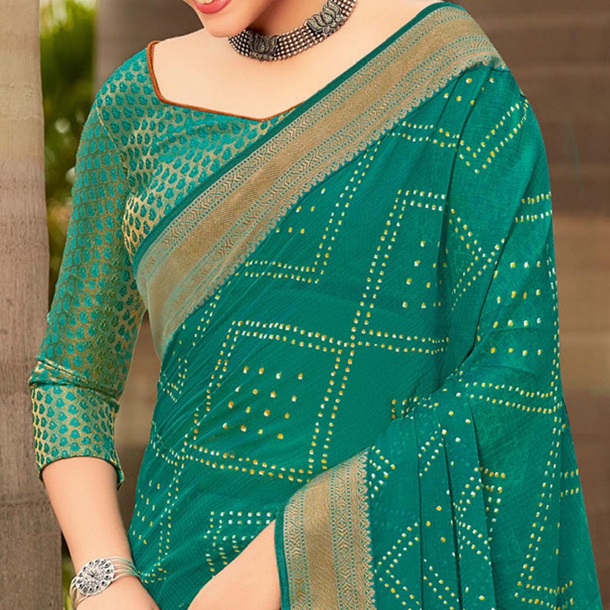 Teal Partywear Printed Chiffon Saree With Border - Peachmode