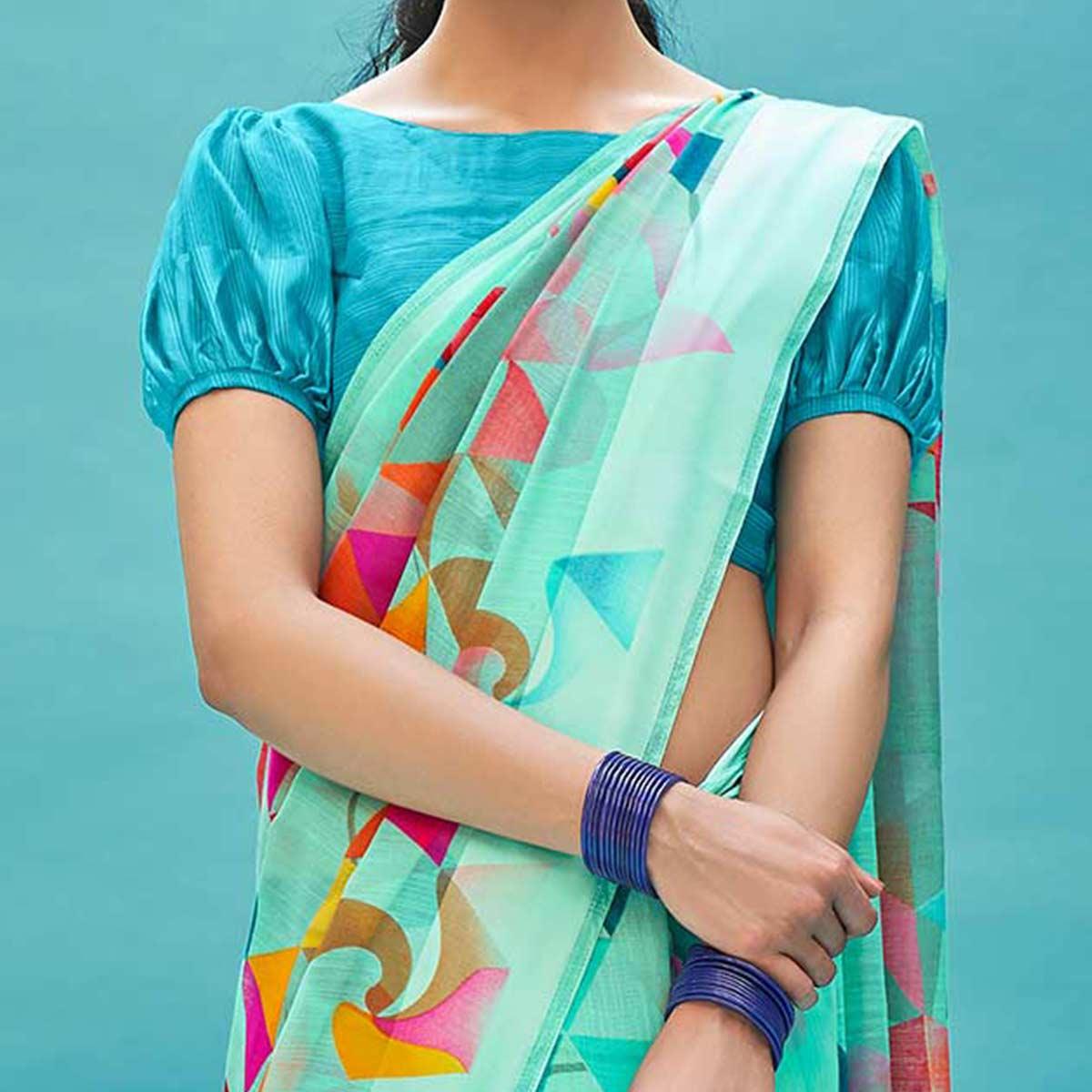 Trendy Aqua Blue Colored Casual Wear Digital Printed Linen Cotton Saree - Peachmode
