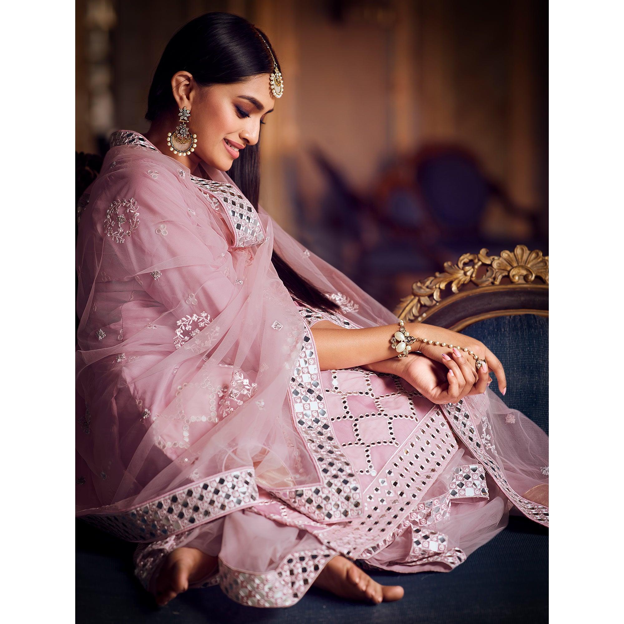 Trendy Baby Pink Coloured Partywear Thread Foil Mirror Work Organza Pallazo Suit - Peachmode