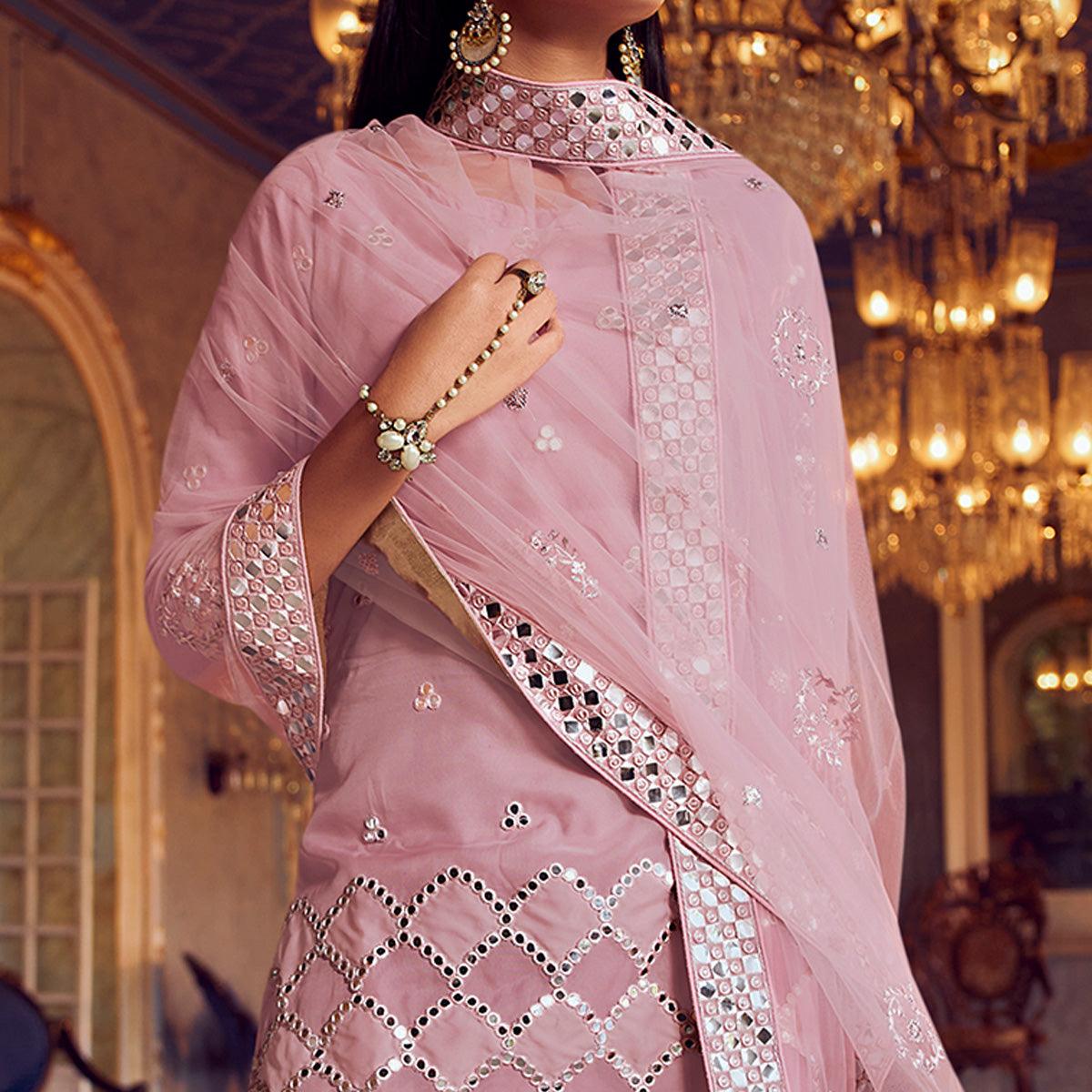 Trendy Baby Pink Coloured Partywear Thread Foil Mirror Work Organza Pallazo Suit - Peachmode
