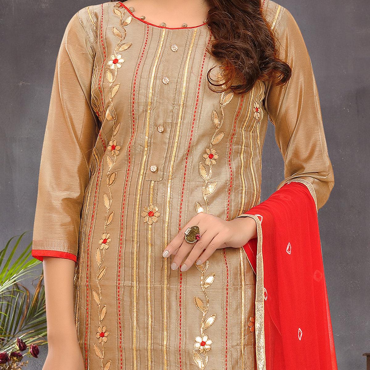 Trendy Beige Colored Festive Wear Embroidered Modal Silk Dress Material - Peachmode