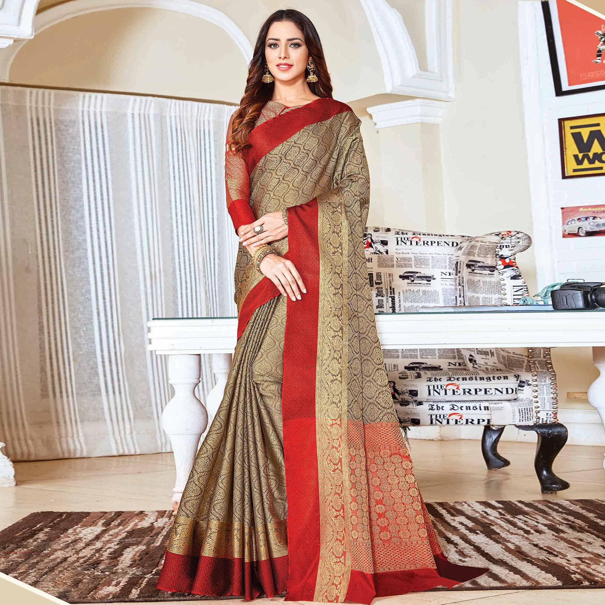 Trendy Beige Colored Festive Wear Woven Handloom Silk Saree - Peachmode
