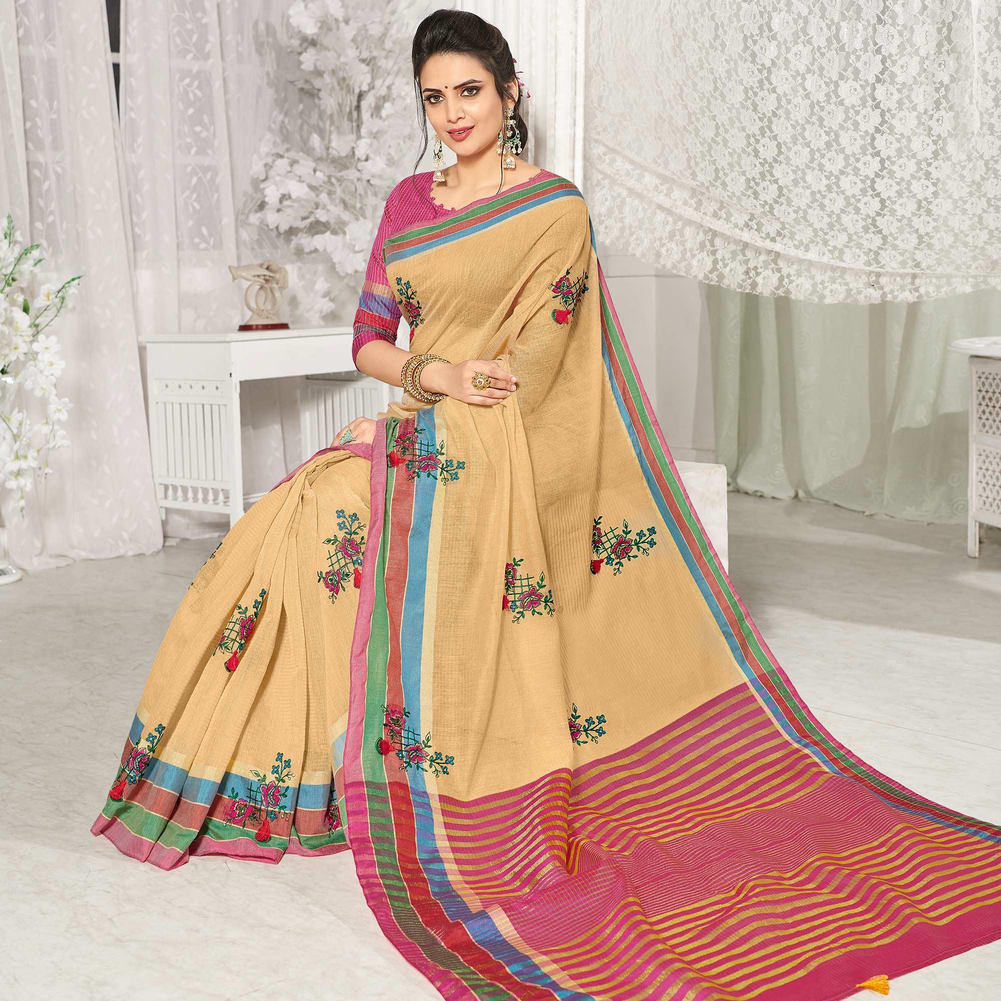 Trendy Beige Colored Party Wear Embroidered Cotton Silk Saree With Tassels - Peachmode