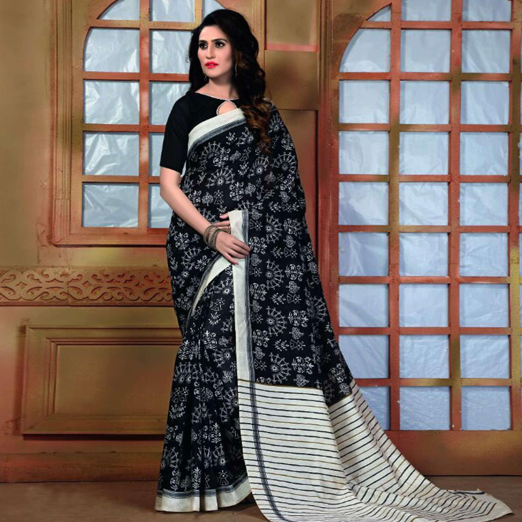 Trendy Black Colored Casual Wear Printed Bhagalpuri Silk Saree - Peachmode