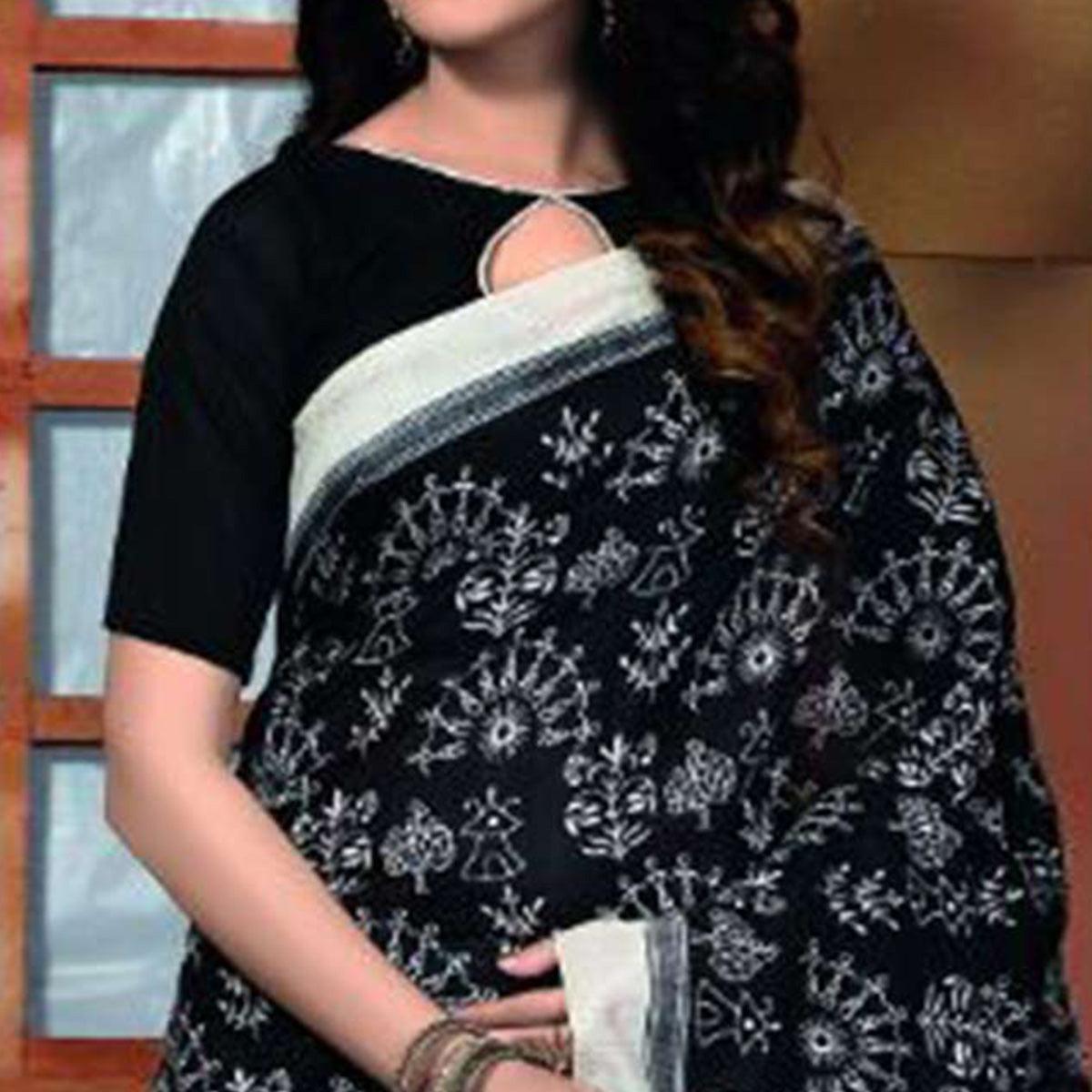 Trendy Black Colored Casual Wear Printed Bhagalpuri Silk Saree - Peachmode