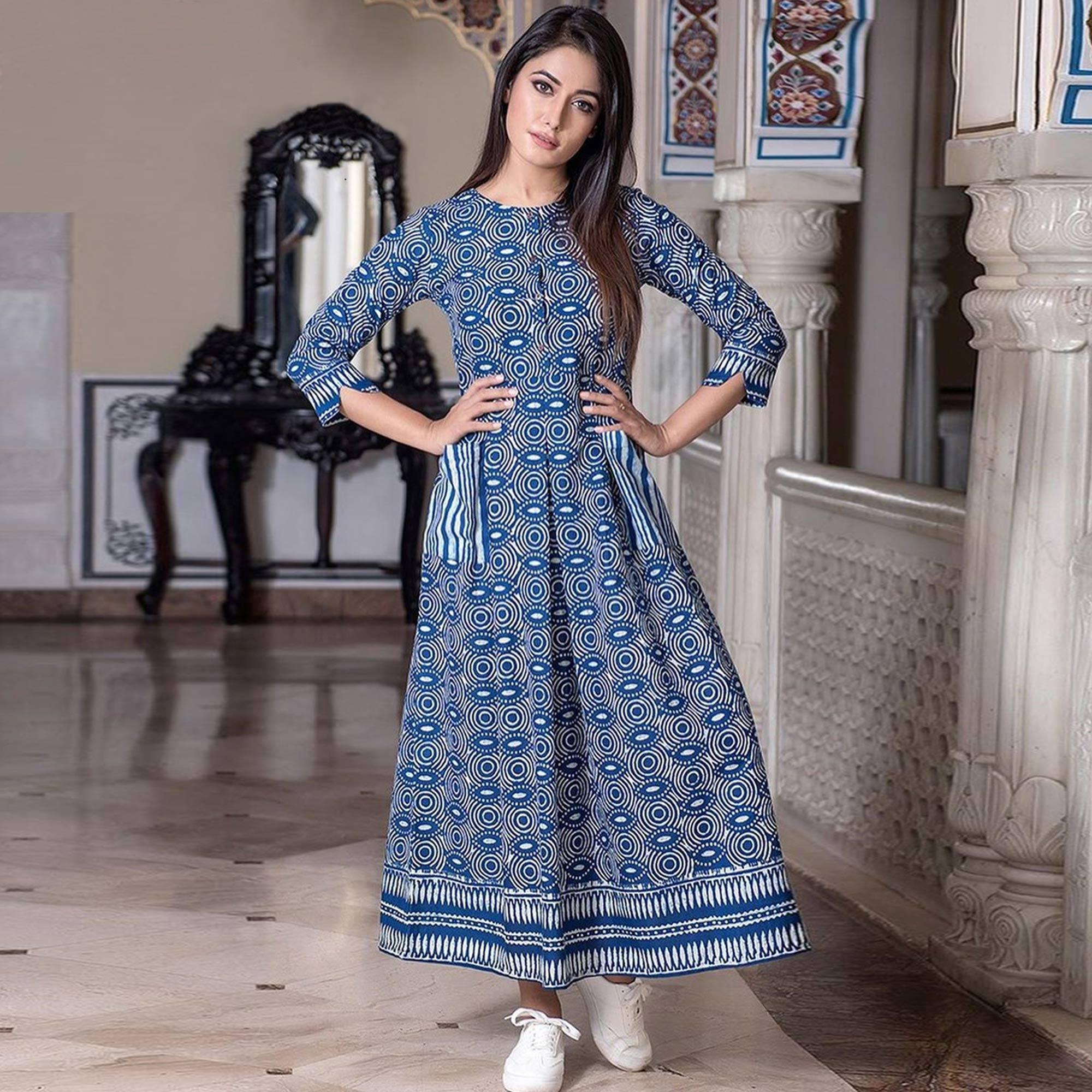 Trendy Blue Colored Casual Printed Muslin Blend Gown - Peachmode