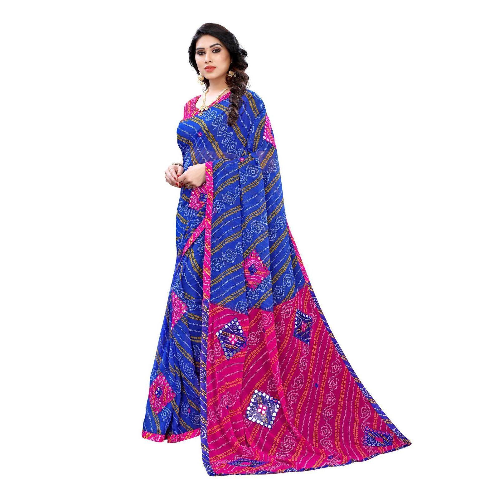 Trendy Blue Colored Casual Wear Bandhani Printed Georgette Saree - Peachmode