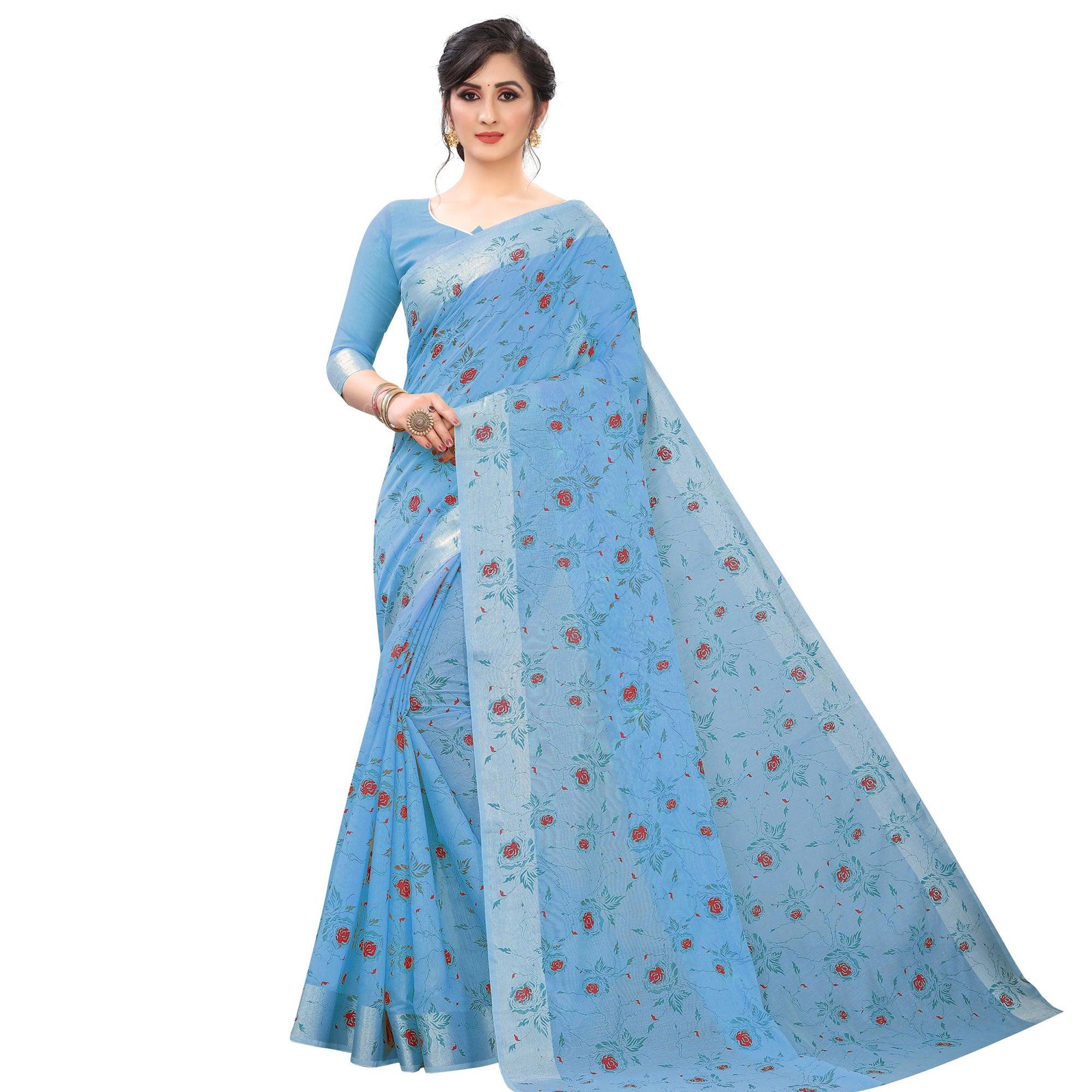 Trendy Blue Colored Casual Wear Printed Cotton Linen Saree - Peachmode