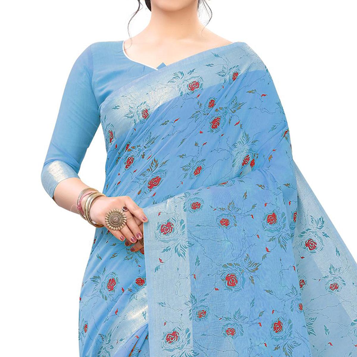 Trendy Blue Colored Casual Wear Printed Cotton Linen Saree - Peachmode