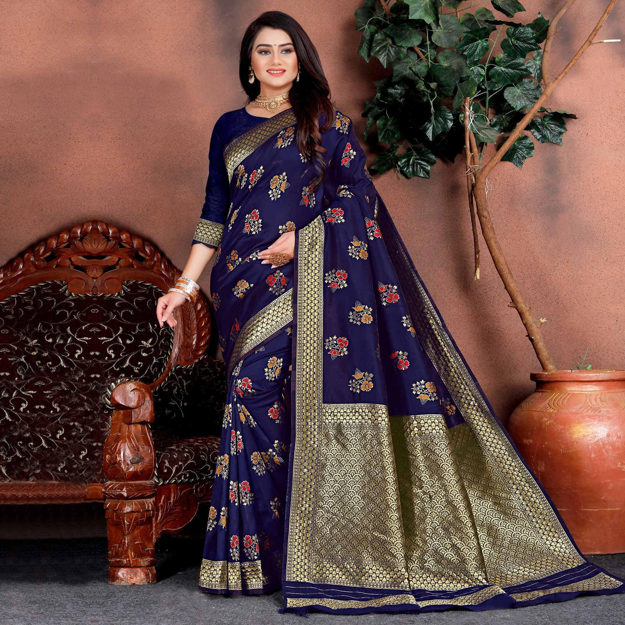 Trendy Blue Colored Festive Wear Woven Silk Saree - Peachmode