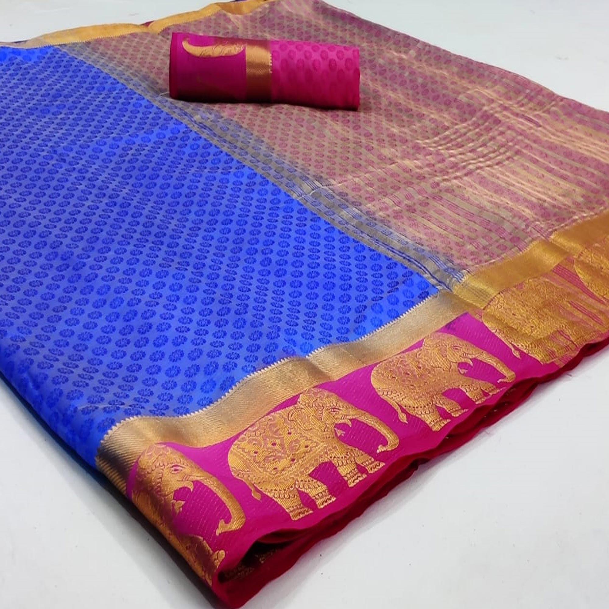 Trendy Blue Coloured Festive Wear Woven Art Silk Saree - Peachmode