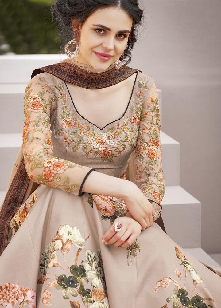 Trendy Brown Colored Designer Partywear Embroidered Silk Lehenga Choli - Peachmode