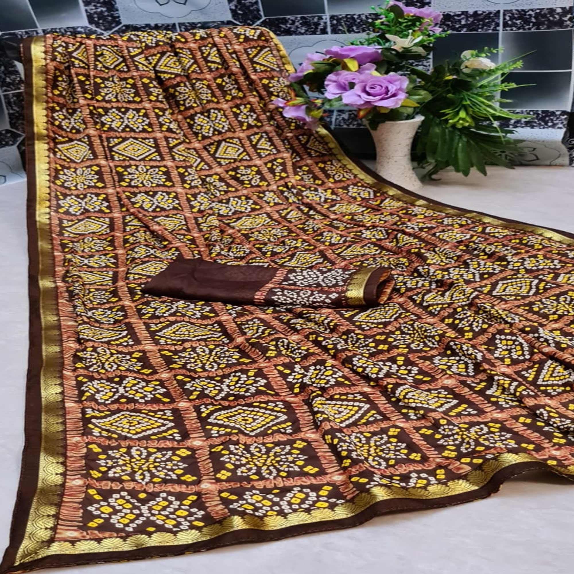 Trendy Brown Colored Festive Wear Woven Moss Georgette Saree - Peachmode