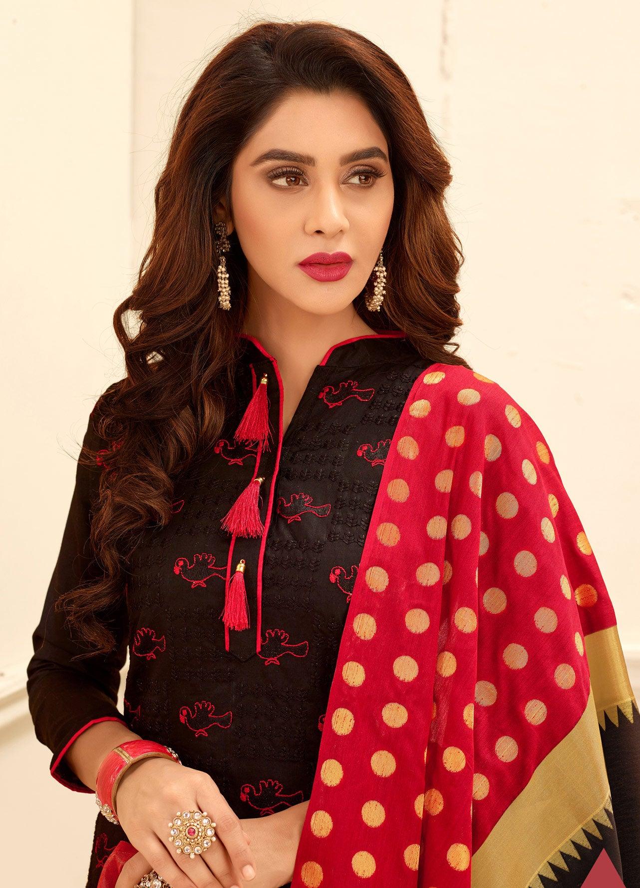 Trendy Brown Colored Partywear Embroidered Cotton Suit With Pure Banarasi Silk Dupatta - Peachmode