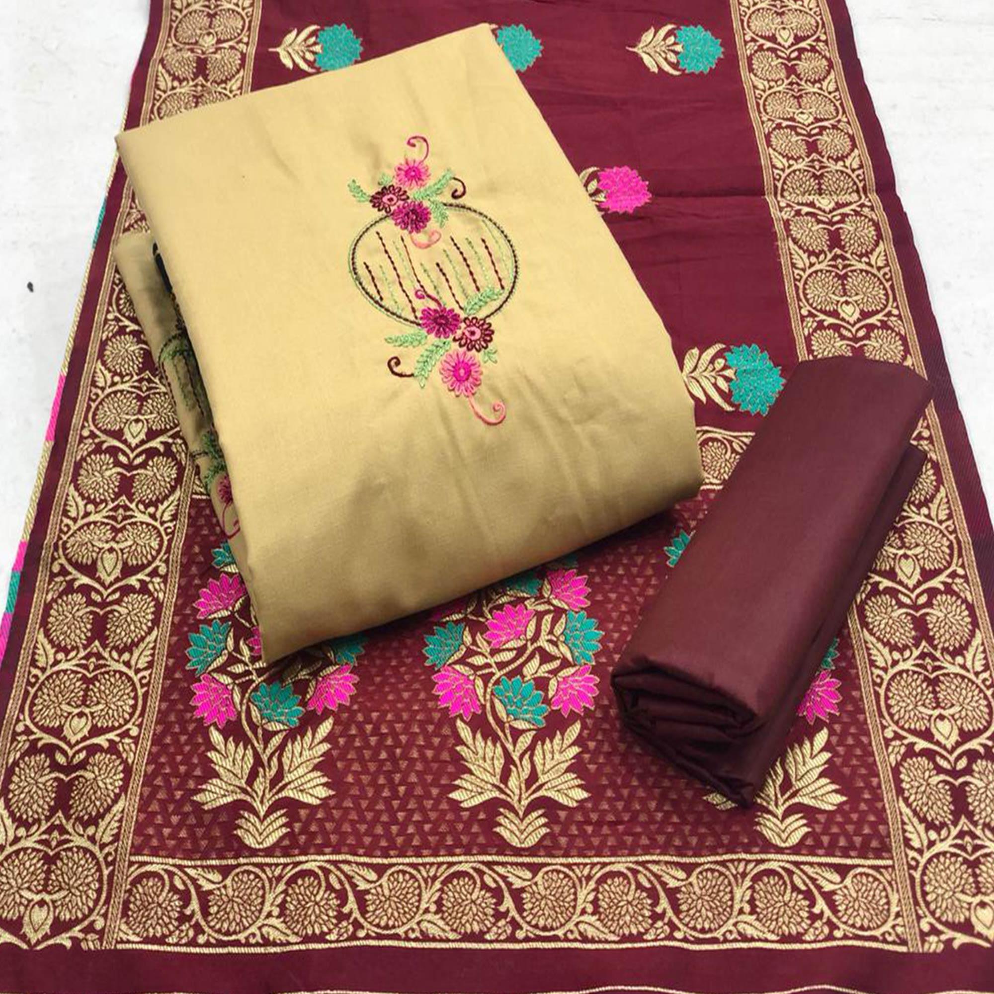 Trendy Chiku Colored Casual Wear Embroidered Cotton Dress Material - Peachmode