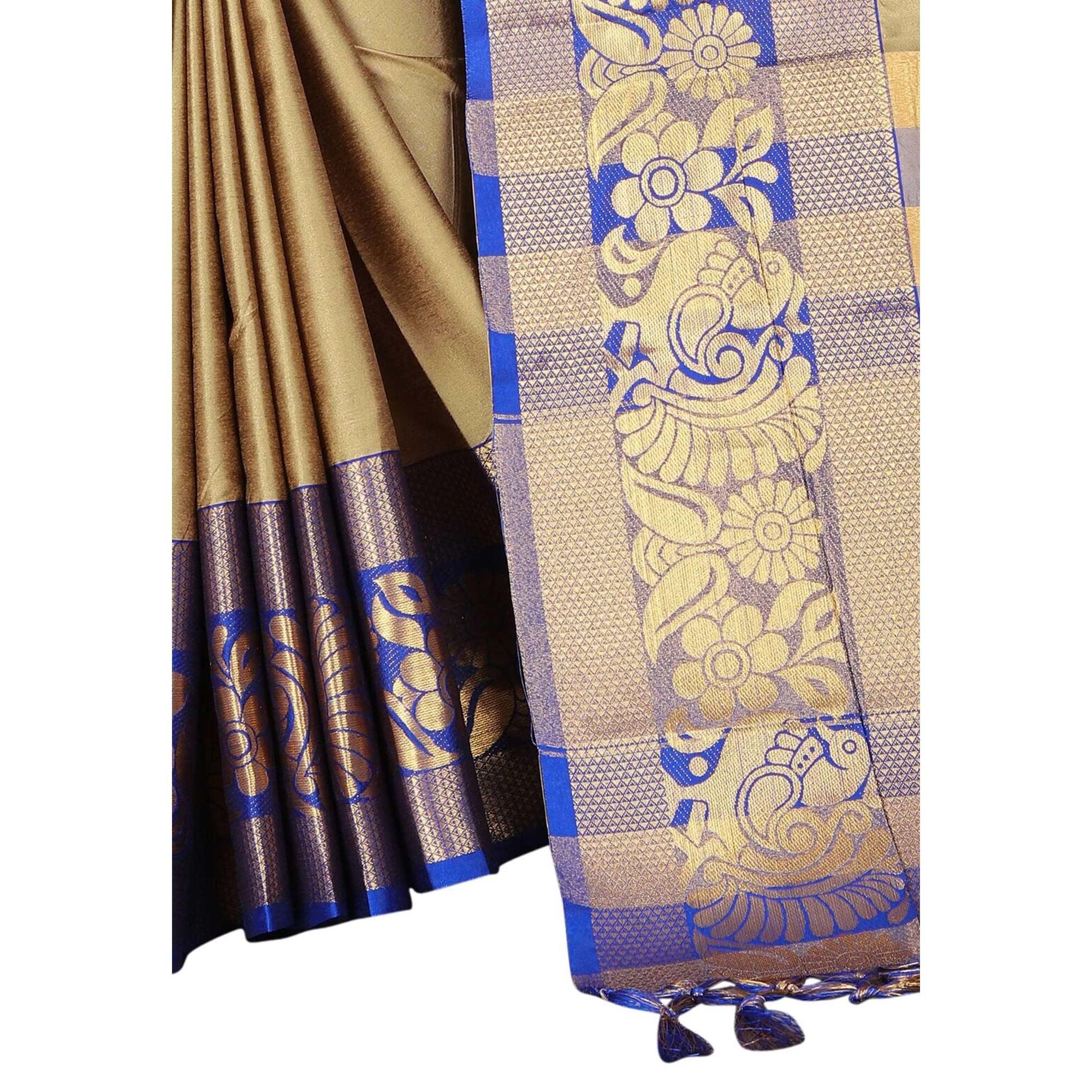 Trendy Chiku Colored Festive Wear Woven Banarasi Jacquard Saree - Peachmode
