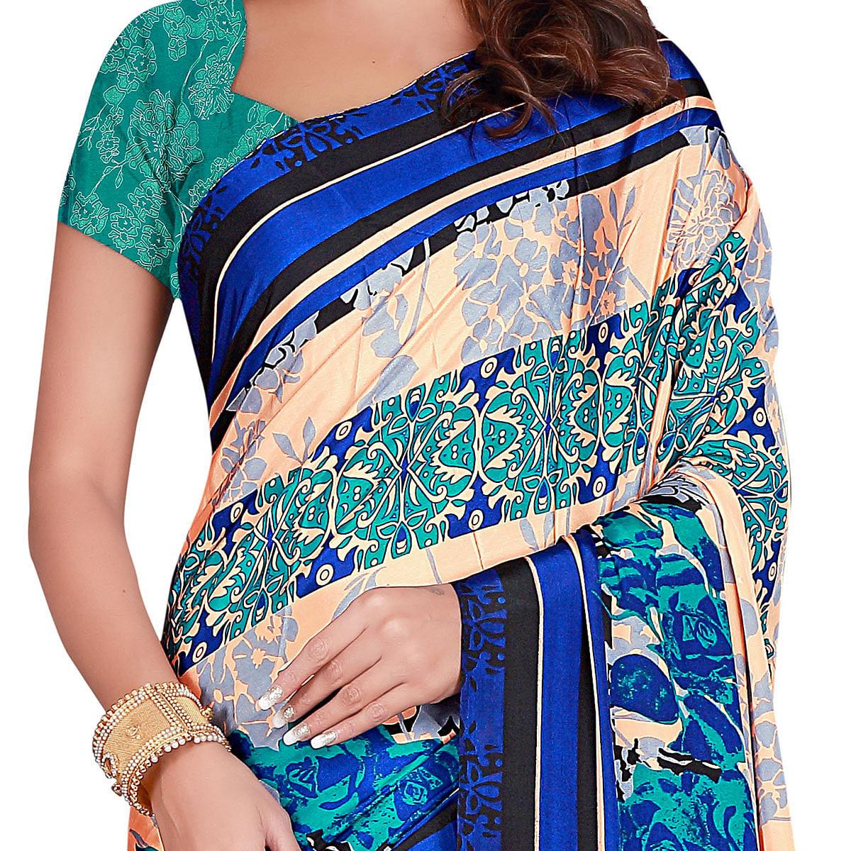 Trendy Cream-Blue Colored Casual Wear Printed Crepe Saree - Peachmode