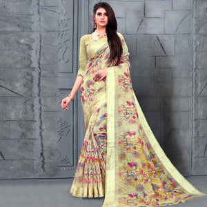 Trendy Cream Colored Casual Wear Printed Cotton Saree - Peachmode