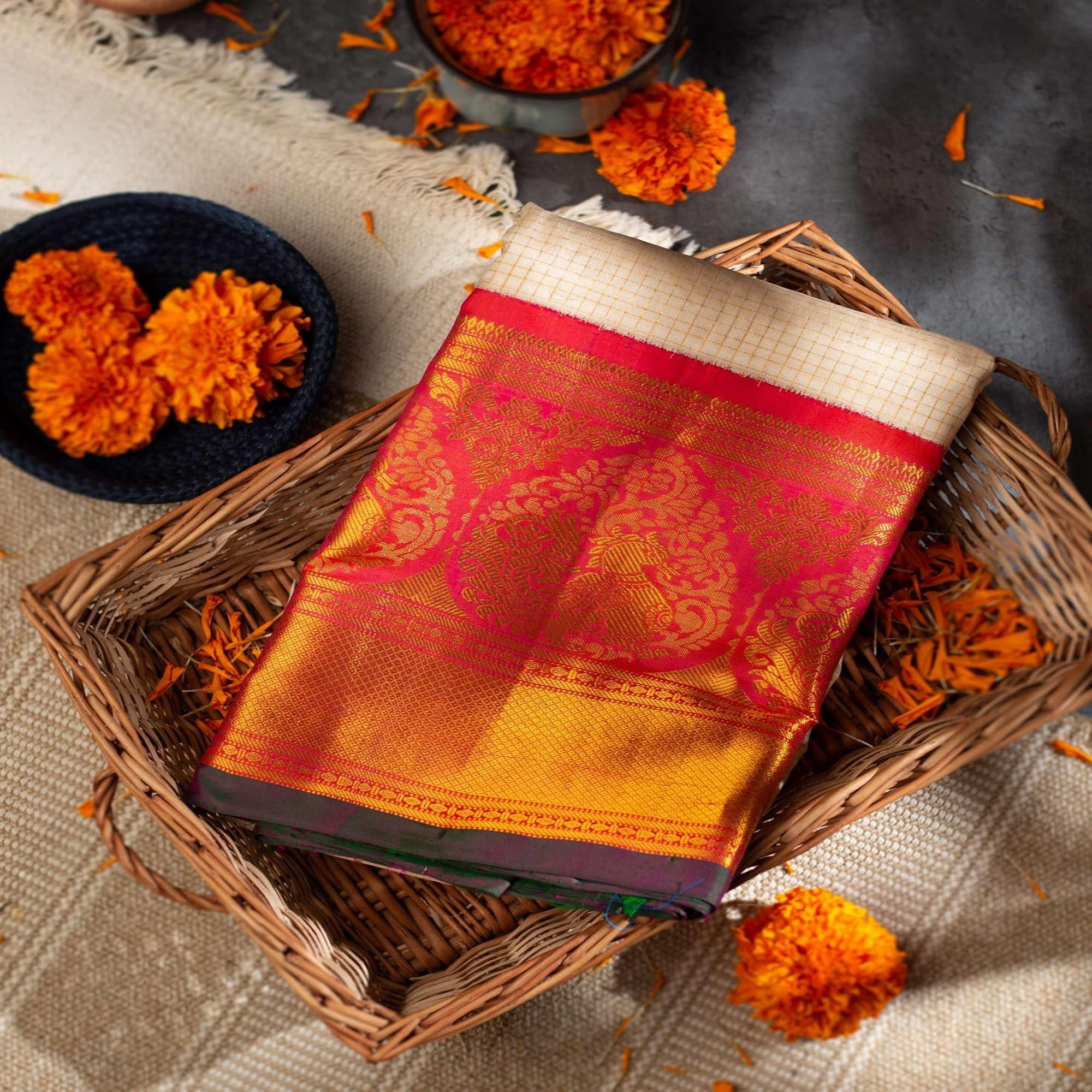 Trendy Cream Colored Festive Woven Silk Saree - Peachmode