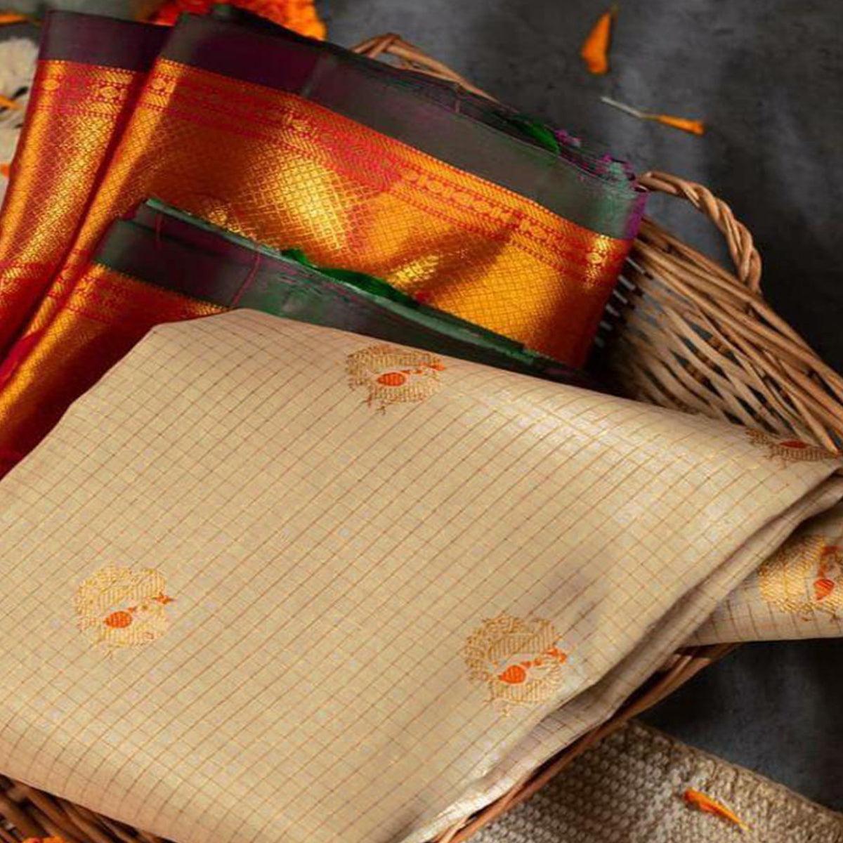Trendy Cream Colored Festive Woven Silk Saree - Peachmode