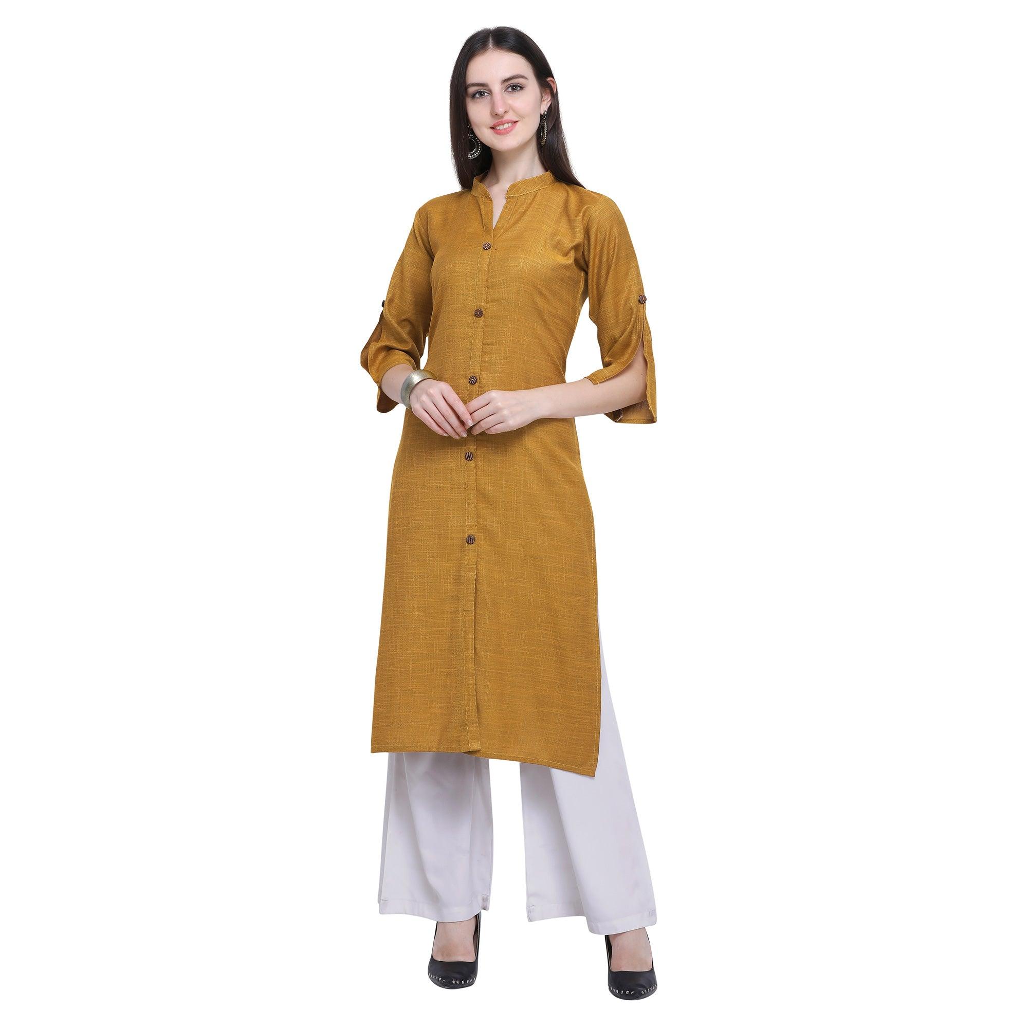 Trendy Dark Mustard Yellow Colored Casual Wear Embroidered Rayon Kurti-Palazzo Set - Peachmode