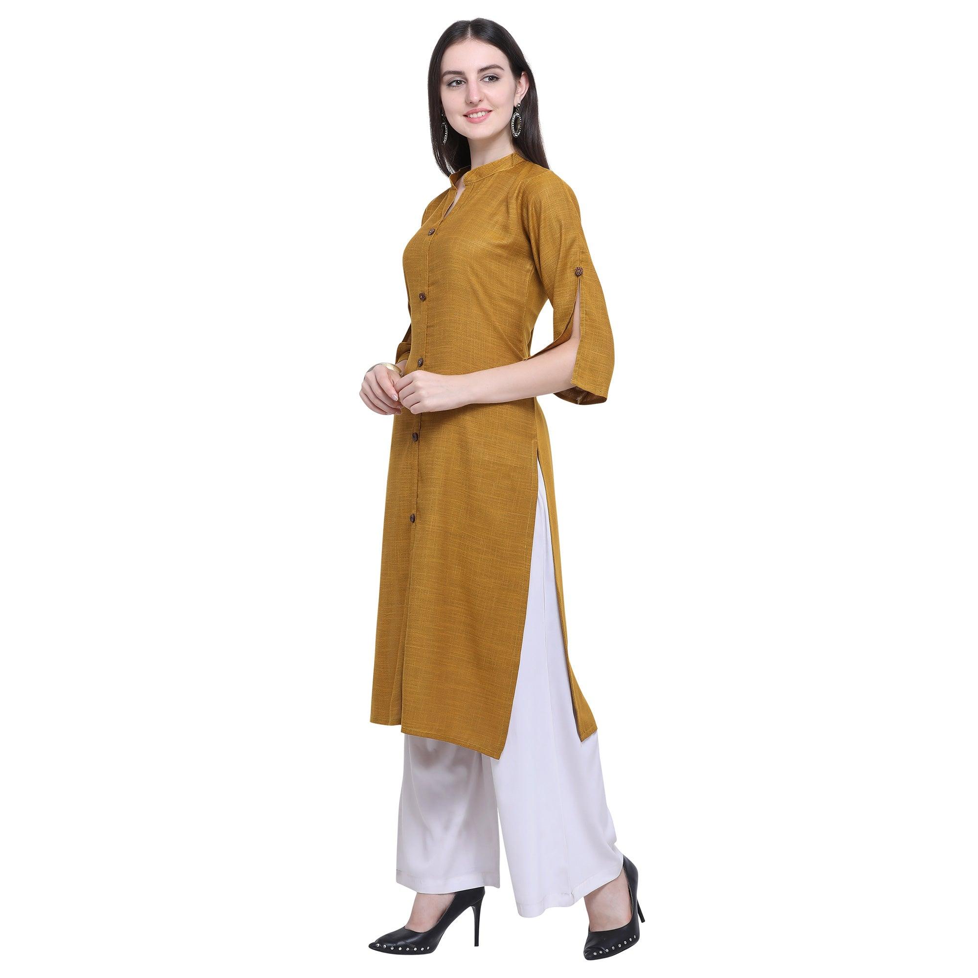 Trendy Dark Mustard Yellow Colored Casual Wear Embroidered Rayon Kurti-Palazzo Set - Peachmode