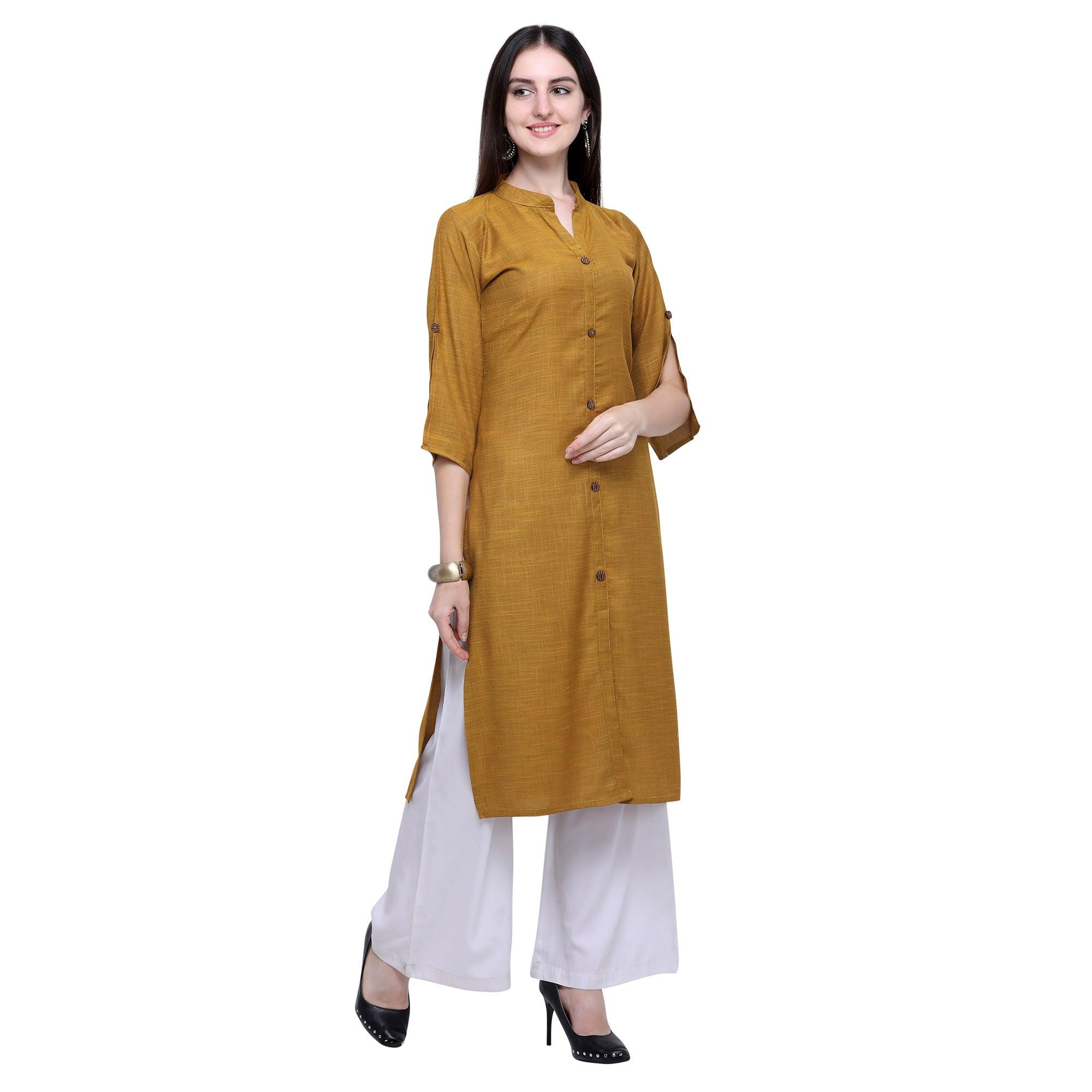 Trendy Dark Mustard Yellow Colored Casual Wear Embroidered Rayon Kurti-Palazzo Set - Peachmode