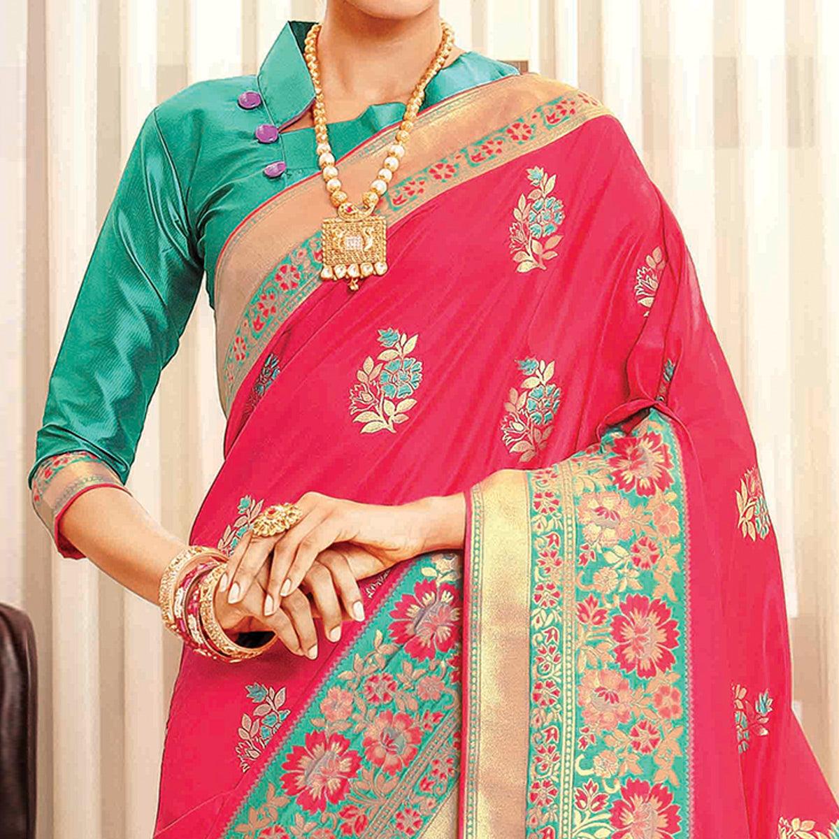 Trendy Dark Pink Colored Festive Wear Woven Banarasi Silk Saree - Peachmode