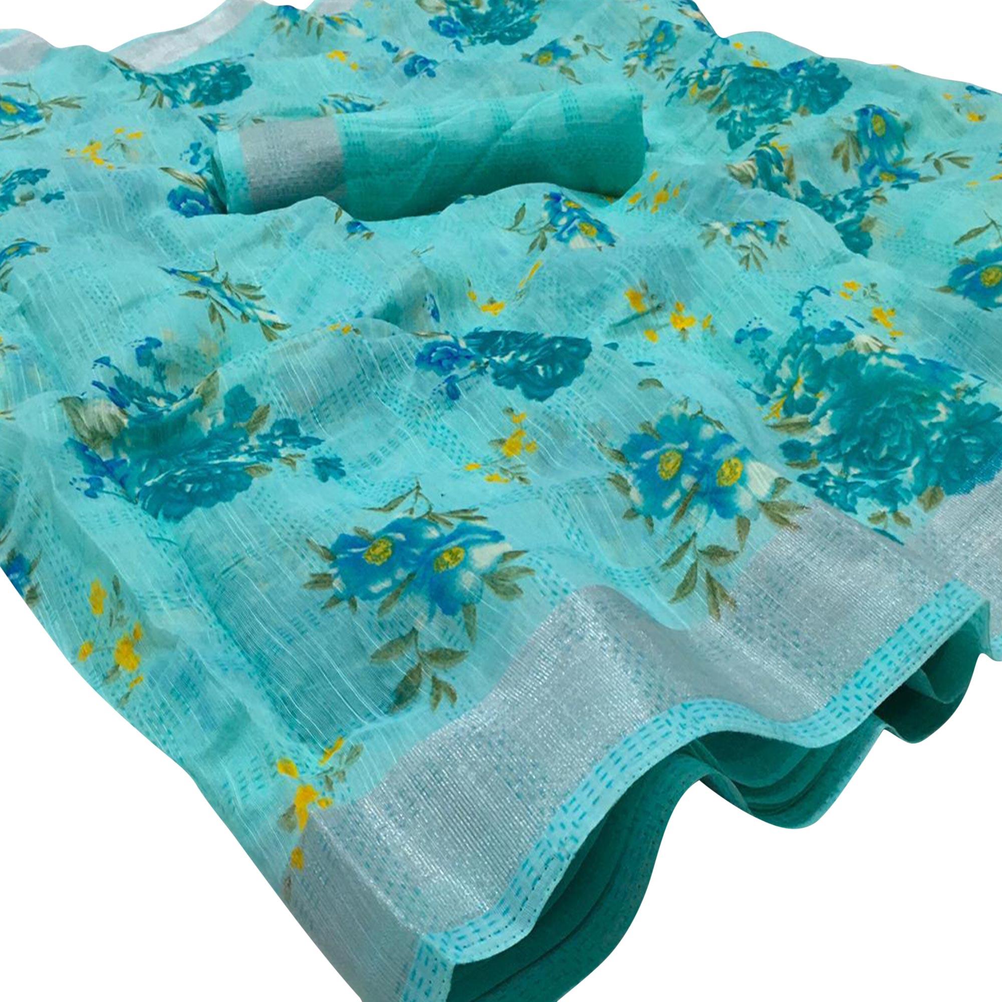 Trendy Firozi Colored Casual Wear Floral Printed Linen Saree - Peachmode